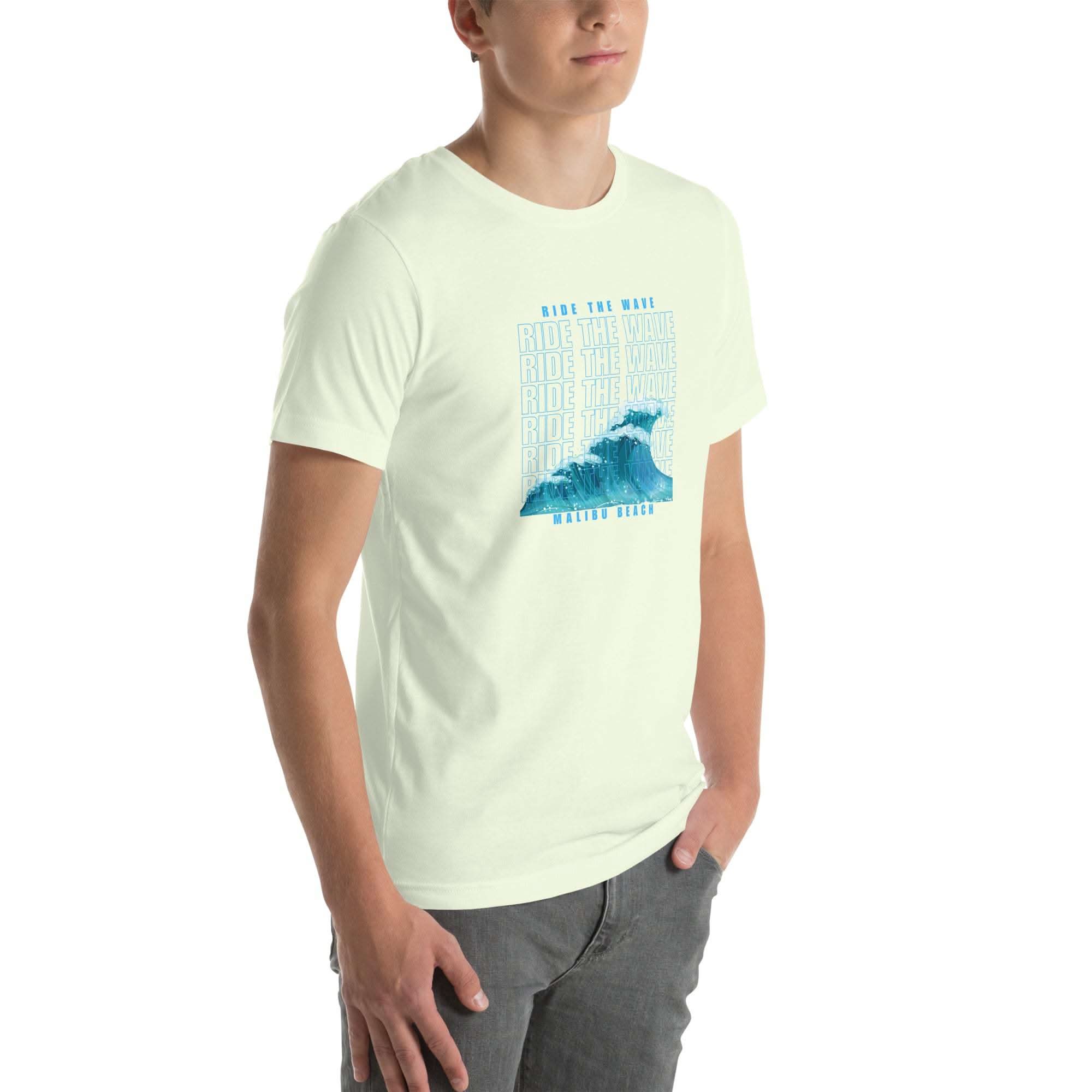 Unisex Ride the Wave T-Shirt with retro wave design in blue on soft white cotton, perfect for surfers and beach lovers