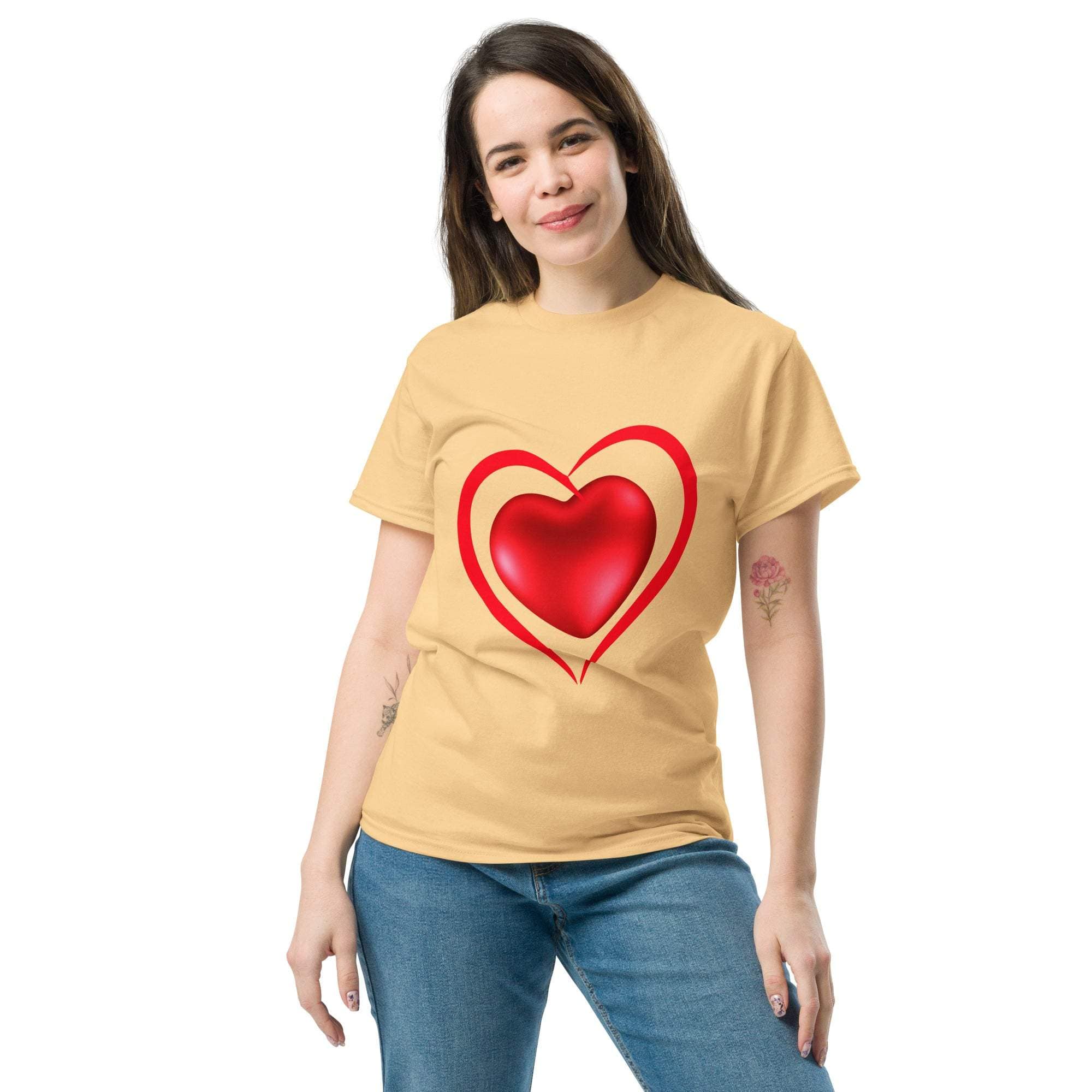 Woman wearing beige Heart T-Shirt with red heart graphic design in casual jeans