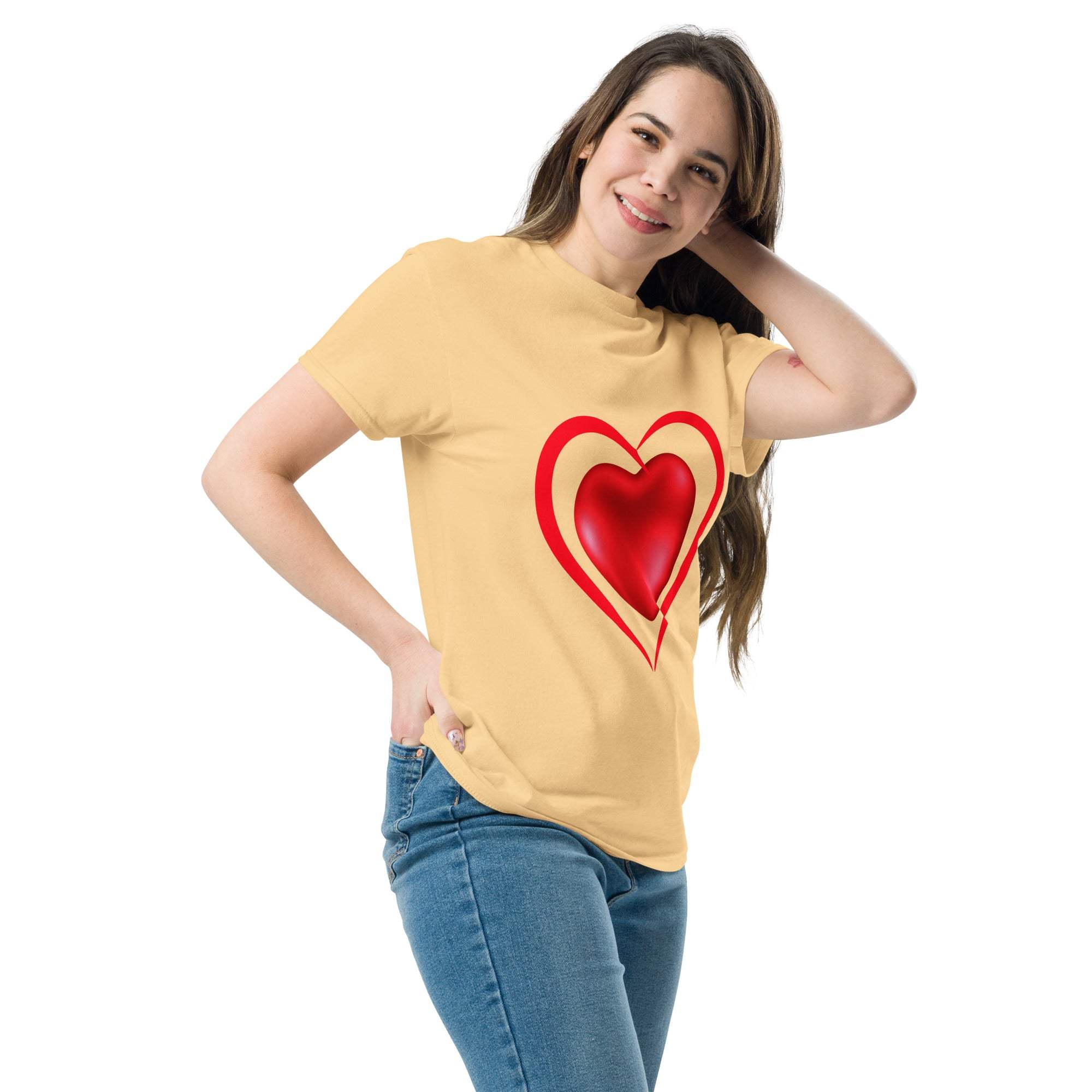 Woman wearing a beige Heart T-Shirt with a red romantic heart graphic, styled casually with jeans