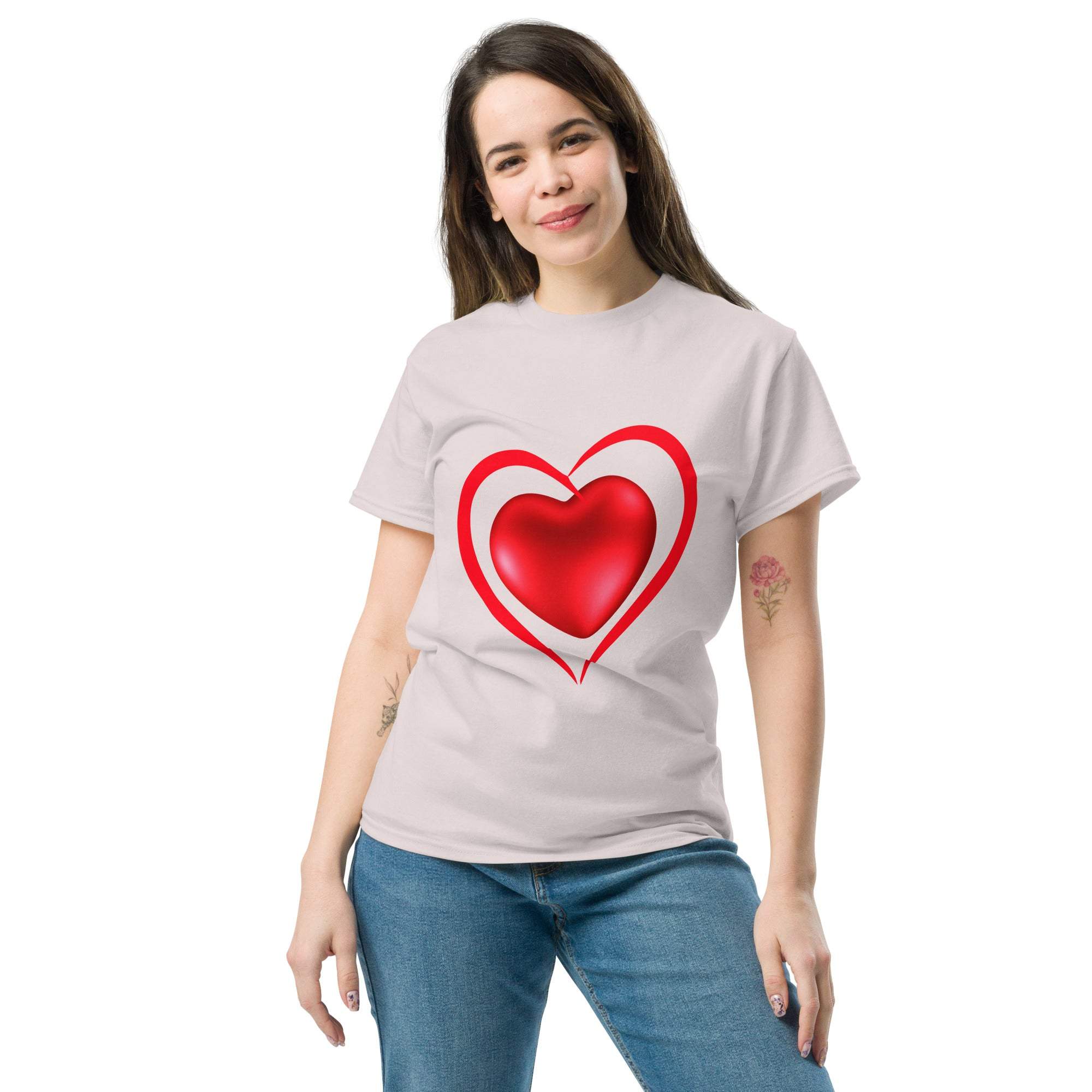 woman wearing white heart t-shirt with red heart graphic design