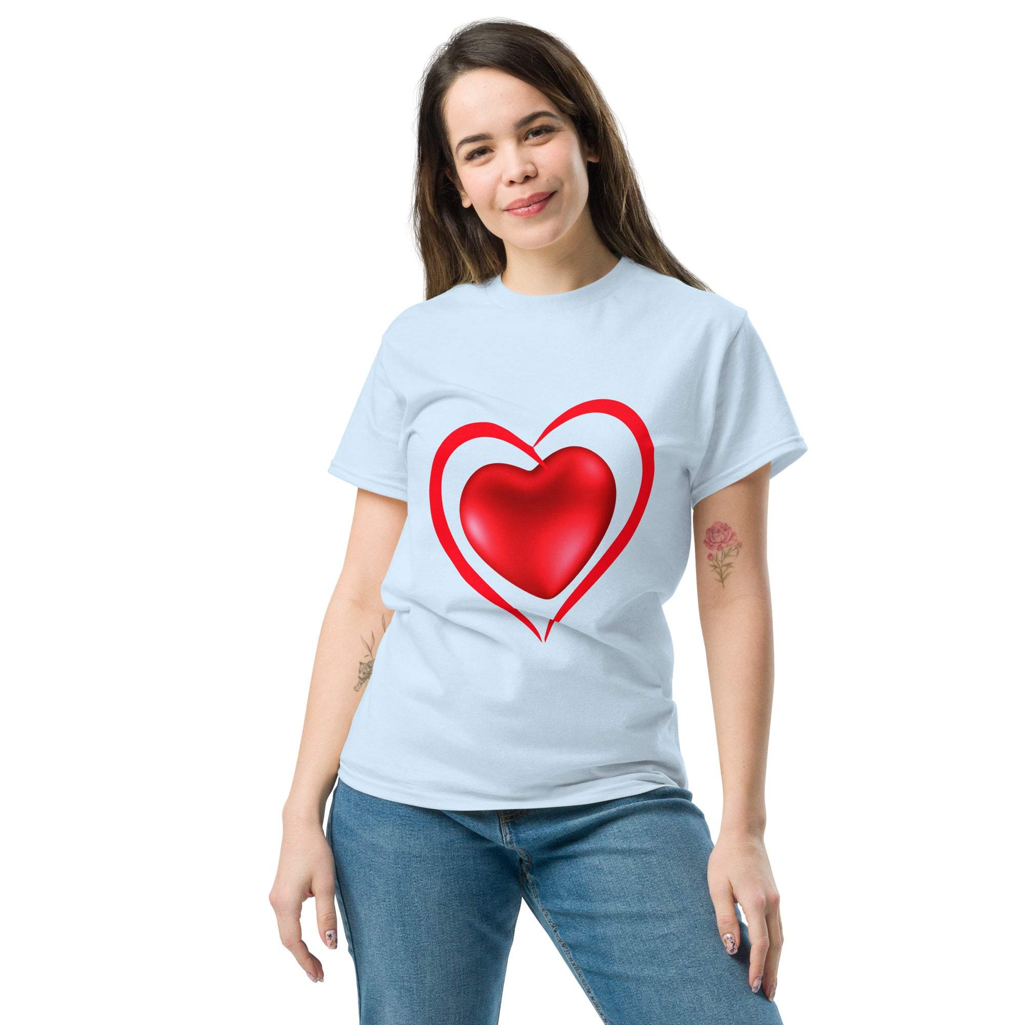 Woman wearing light blue Heart T-Shirt with red romantic heart graphic design