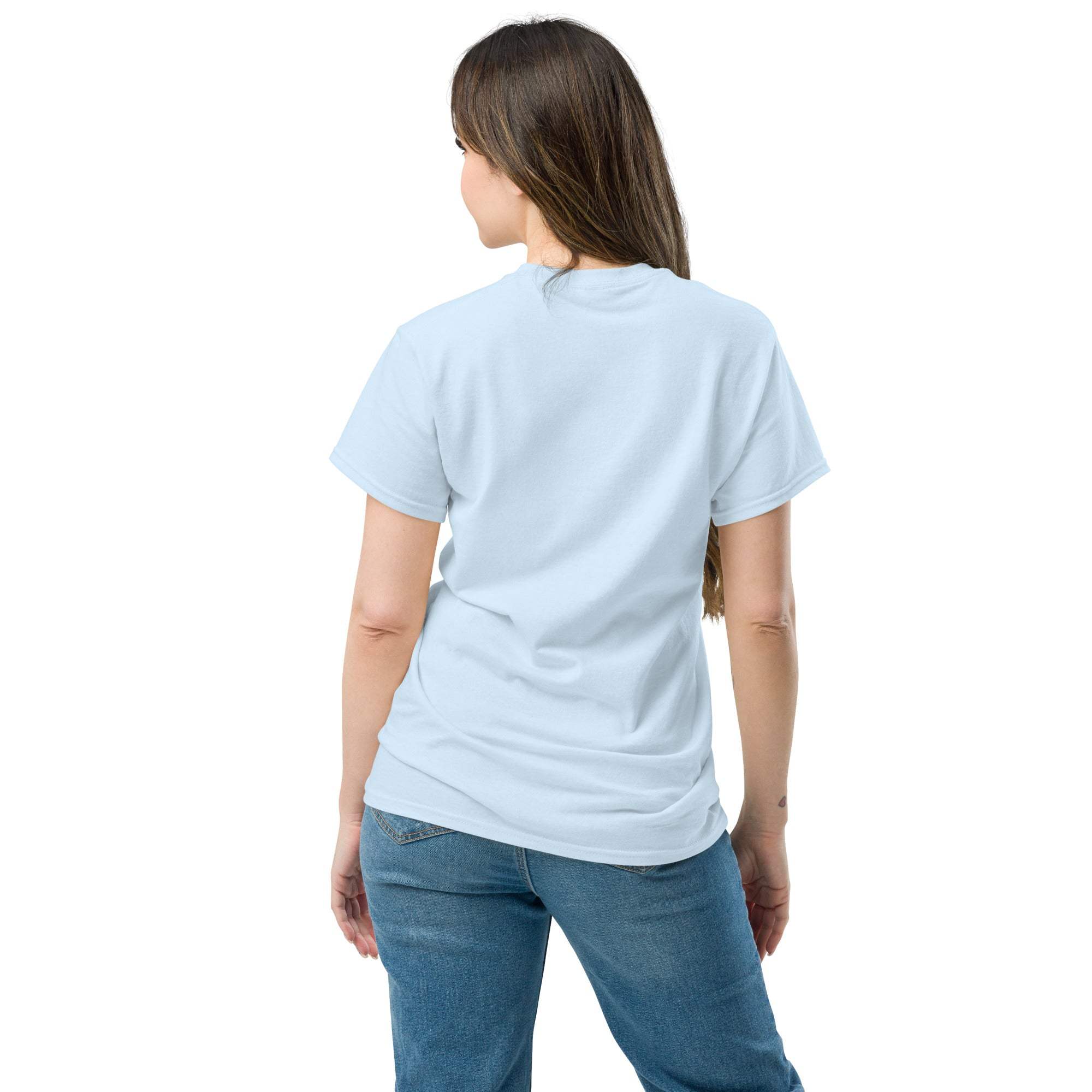 Woman wearing light blue heart t-shirt from the back with jeans, casual unisex fit love graphic tee
