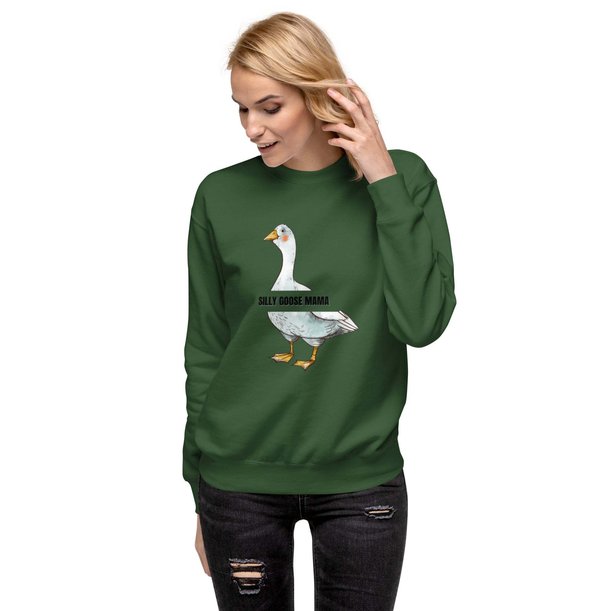 Woman wearing green Silly Goose Mama Sweatshirt with playful goose illustration and text