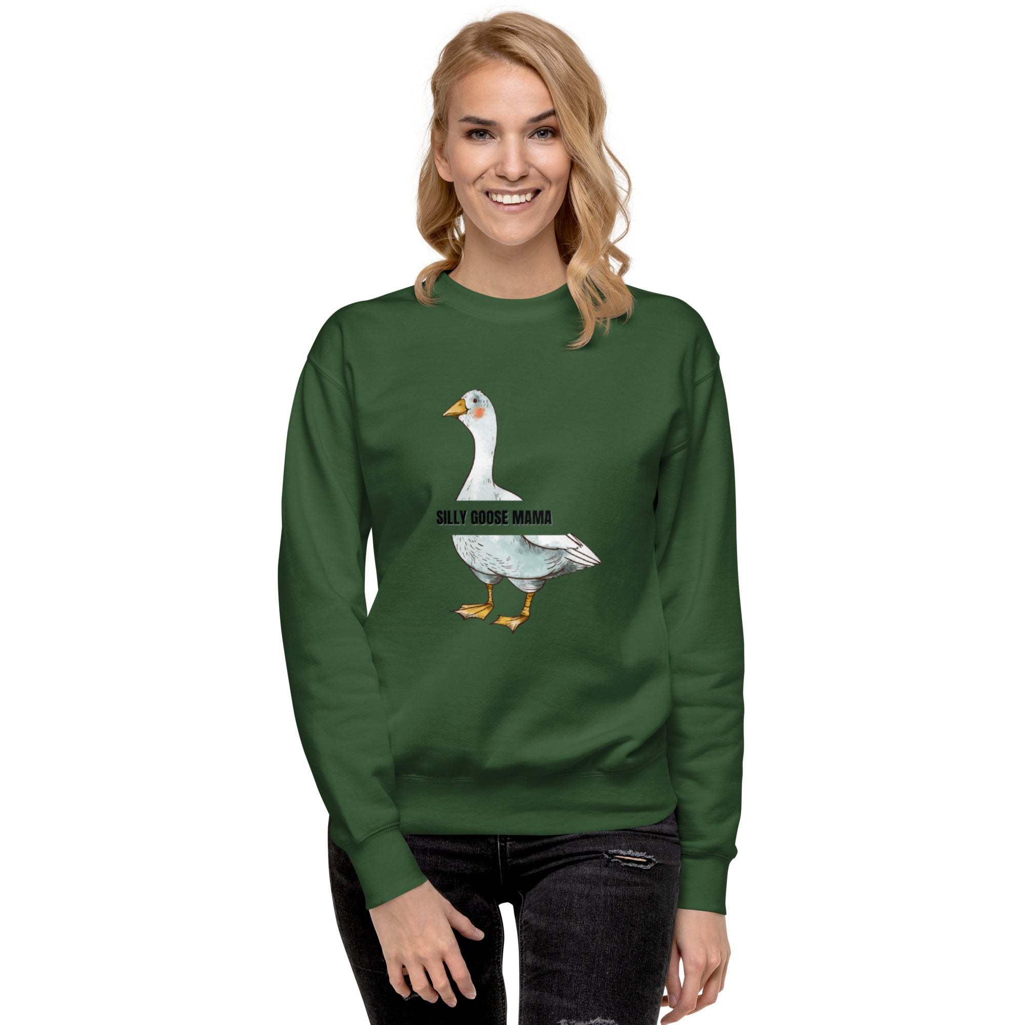 Woman wearing green Silly Goose Mama Sweatshirt with a goose illustration and text in front