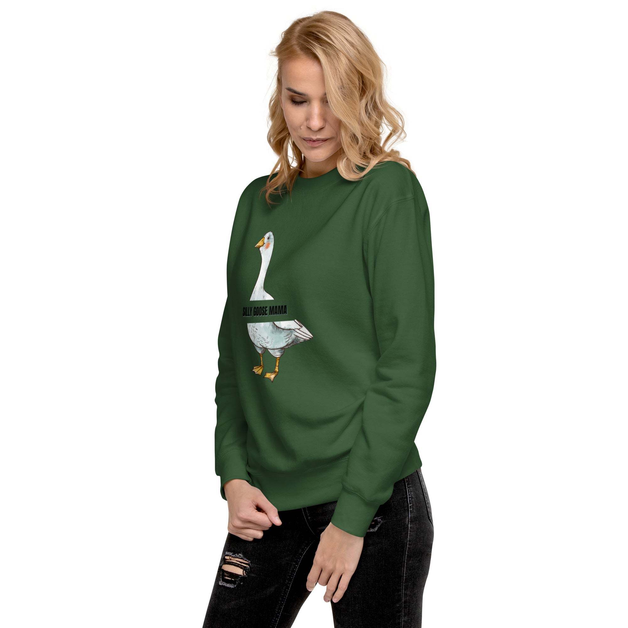 Woman wearing green Silly Goose Mama Sweatshirt with a goose illustration and playful text design