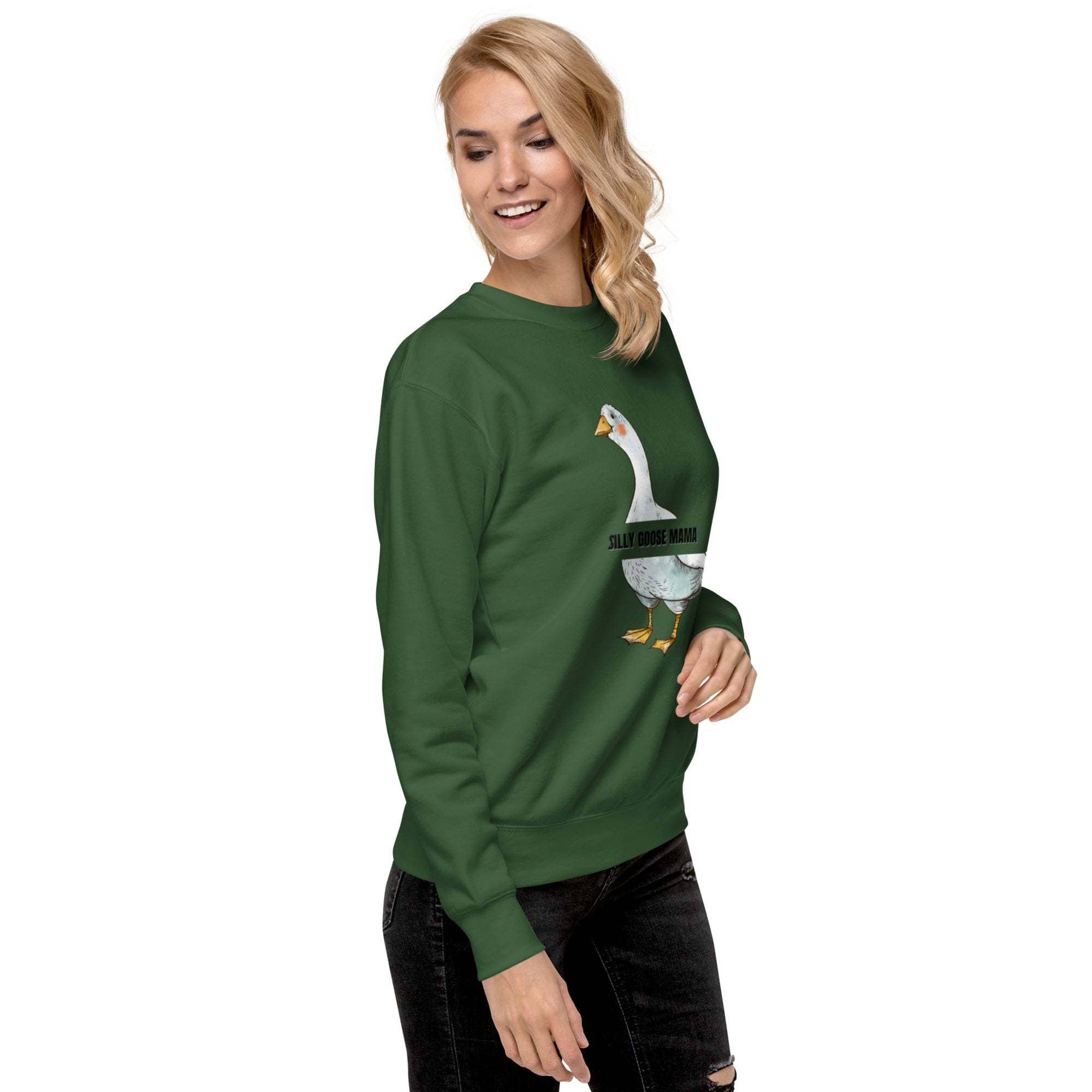 woman wearing green Silly Goose Mama Sweatshirt with goose illustration and text
