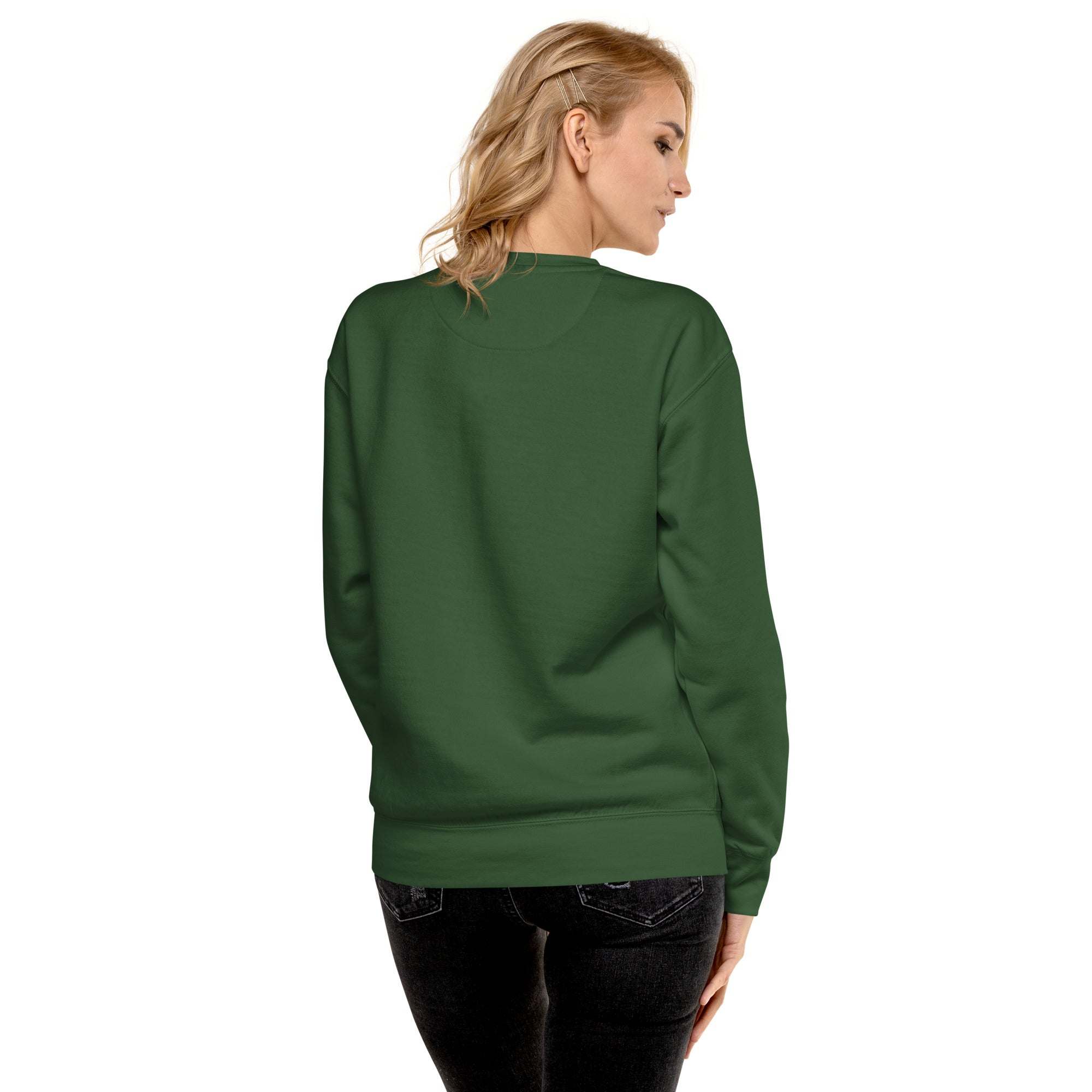 Woman wearing green Silly Goose Mama sweatshirt back view
