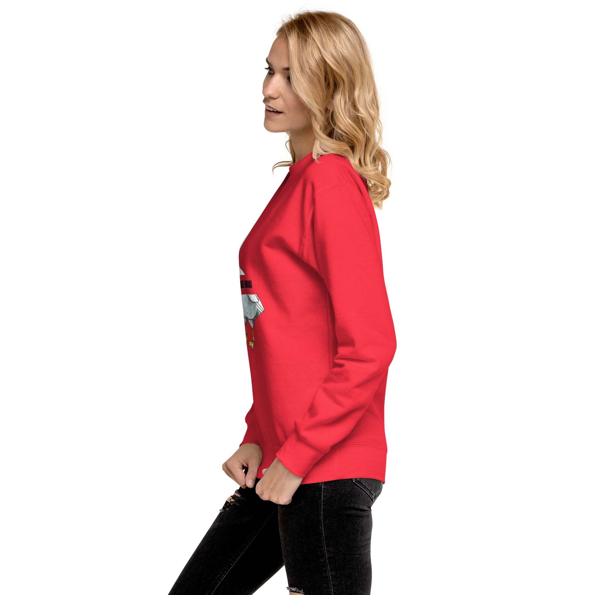 Side view of woman wearing red Silly Goose Mama Sweatshirt with goose illustration and casual fit
