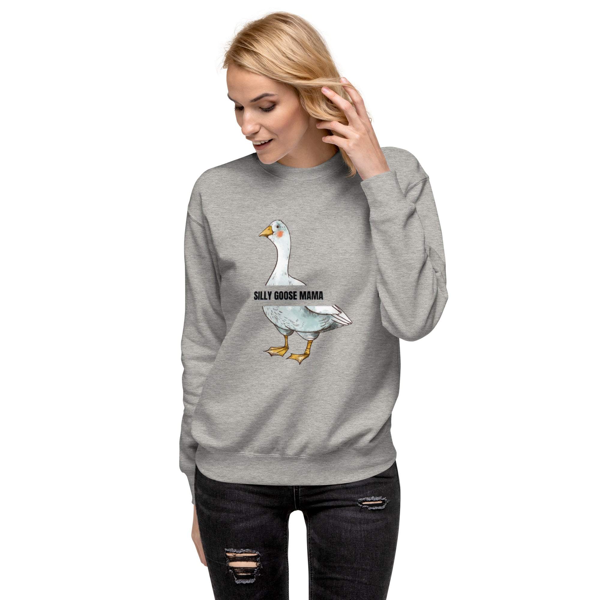 Woman wearing gray Silly Goose Mama Sweatshirt with goose illustration and text on front