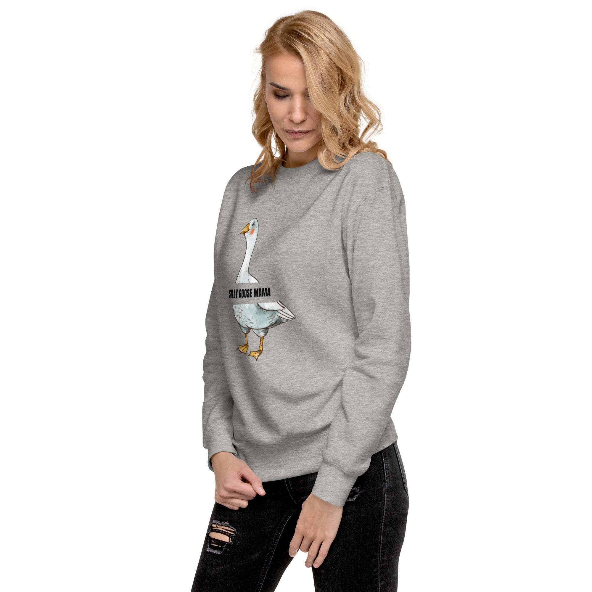 Woman wearing gray Silly Goose Mama sweatshirt with goose illustration and text on front