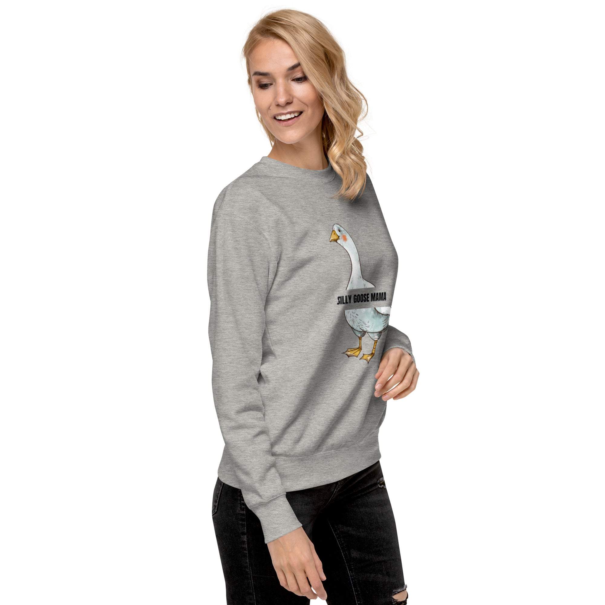 Woman wearing a grey Silly Goose Mama Sweatshirt with a playful goose illustration on the front