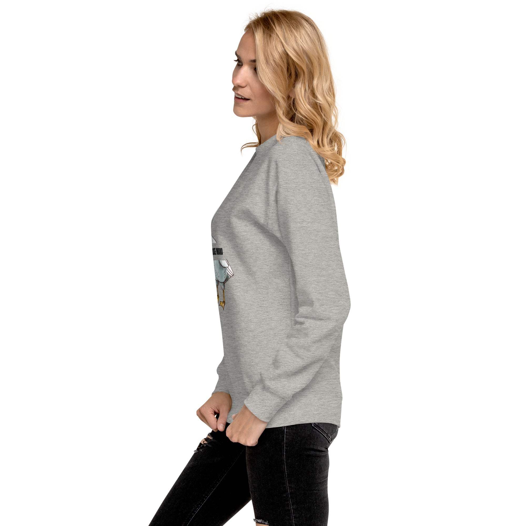 Woman wearing grey Silly Goose Mama Sweatshirt with goose illustration and playful text on side profile