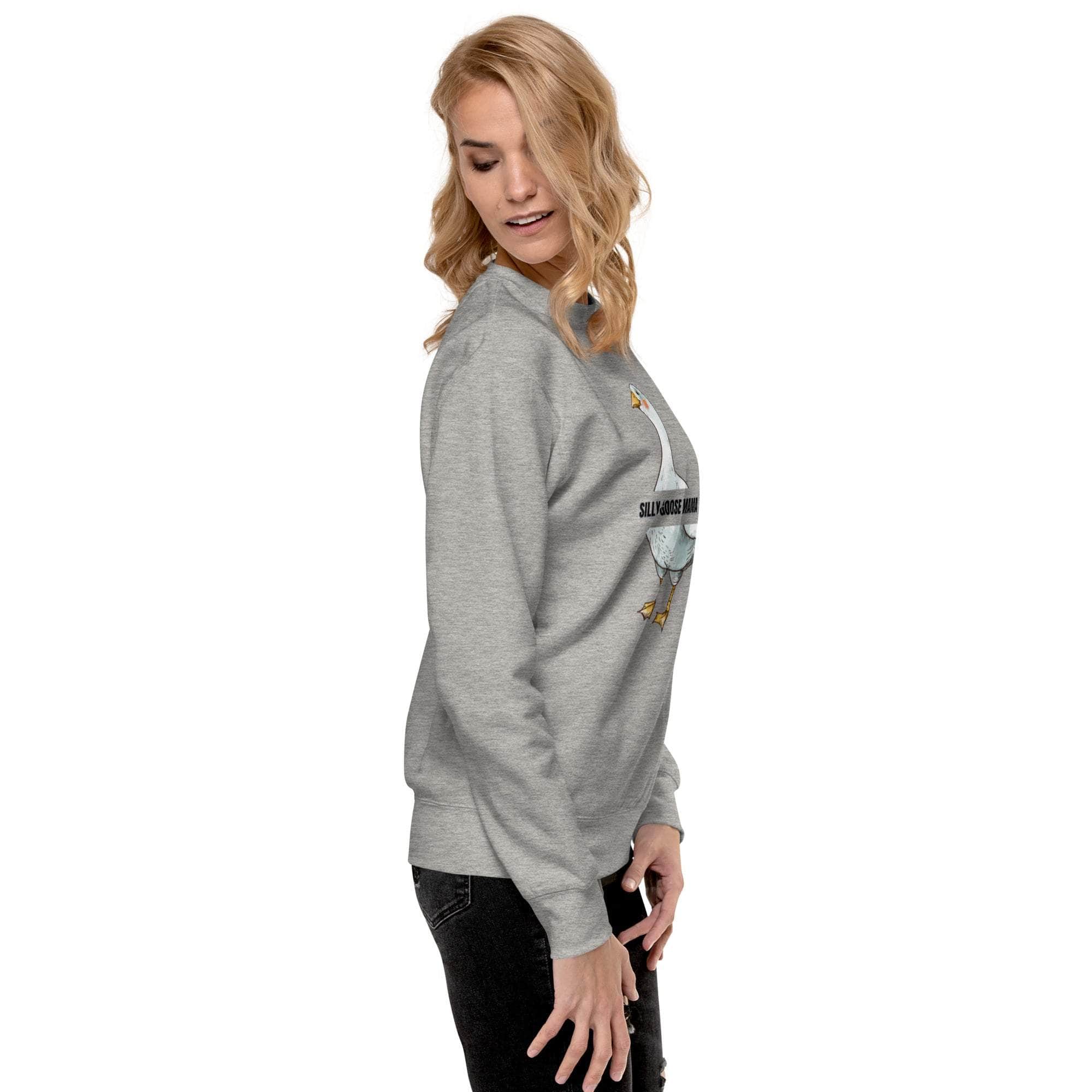 Woman wearing grey Silly Goose Mama Sweatshirt with goose illustration and text on front