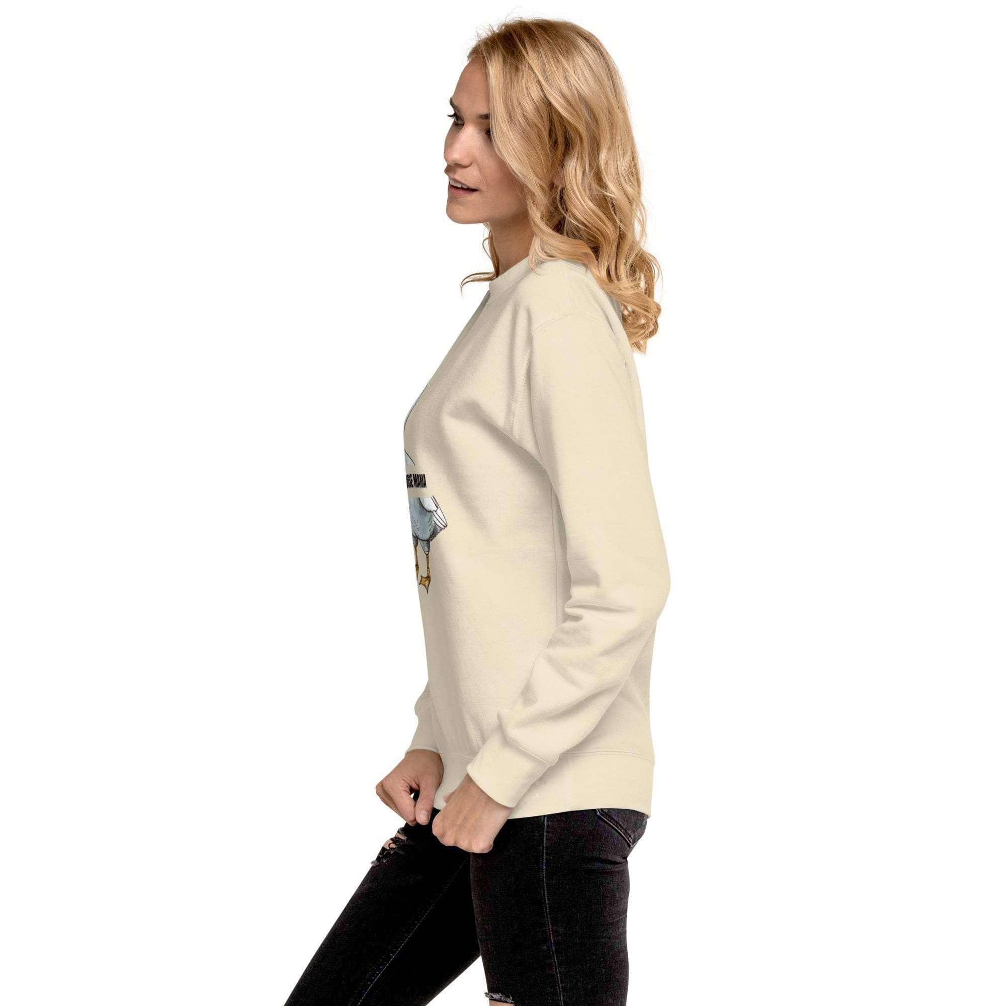 Woman wearing beige Silly Goose Mama Sweatshirt with goose illustration and text on front