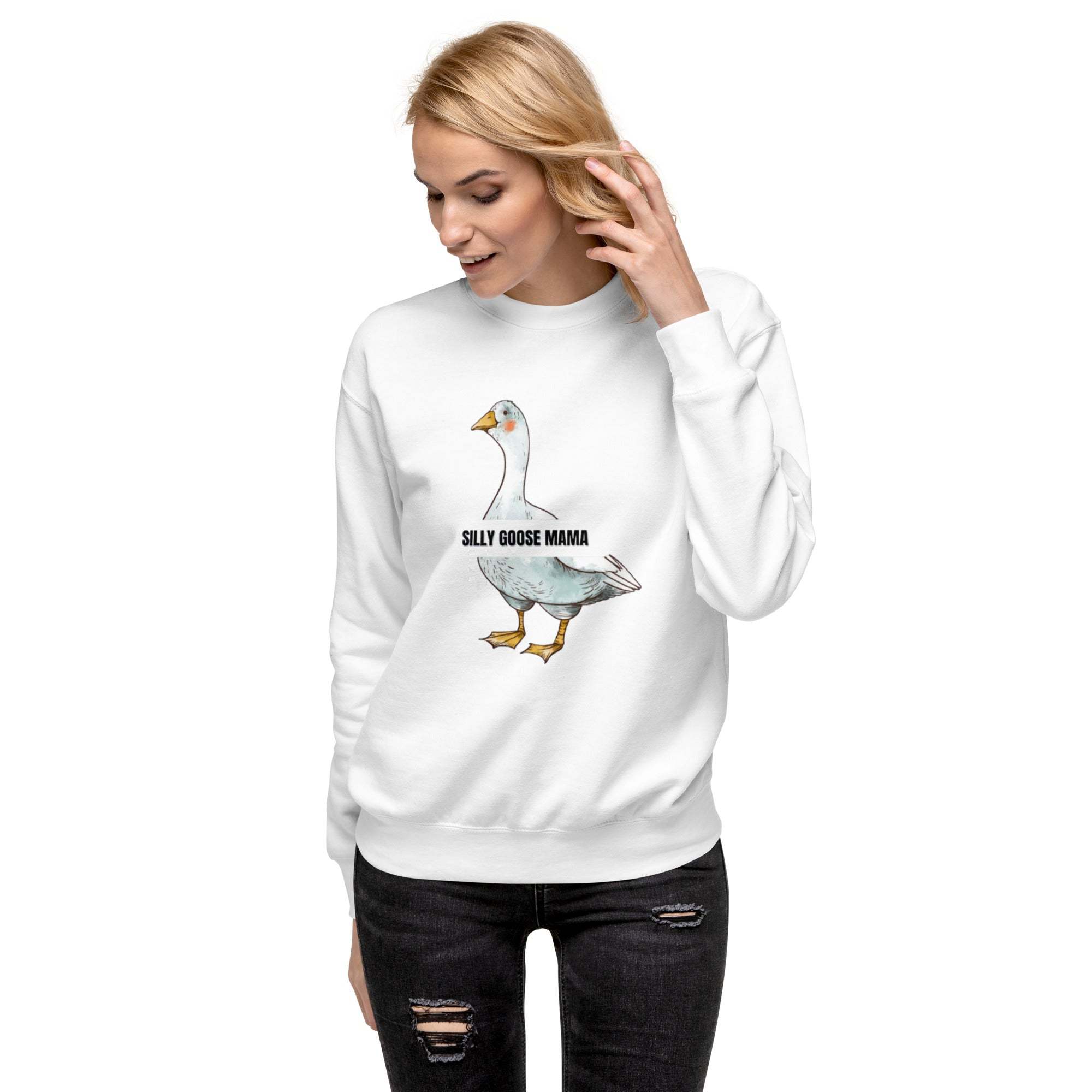 Woman wearing white Silly Goose Mama Sweatshirt with goose illustration and text on front