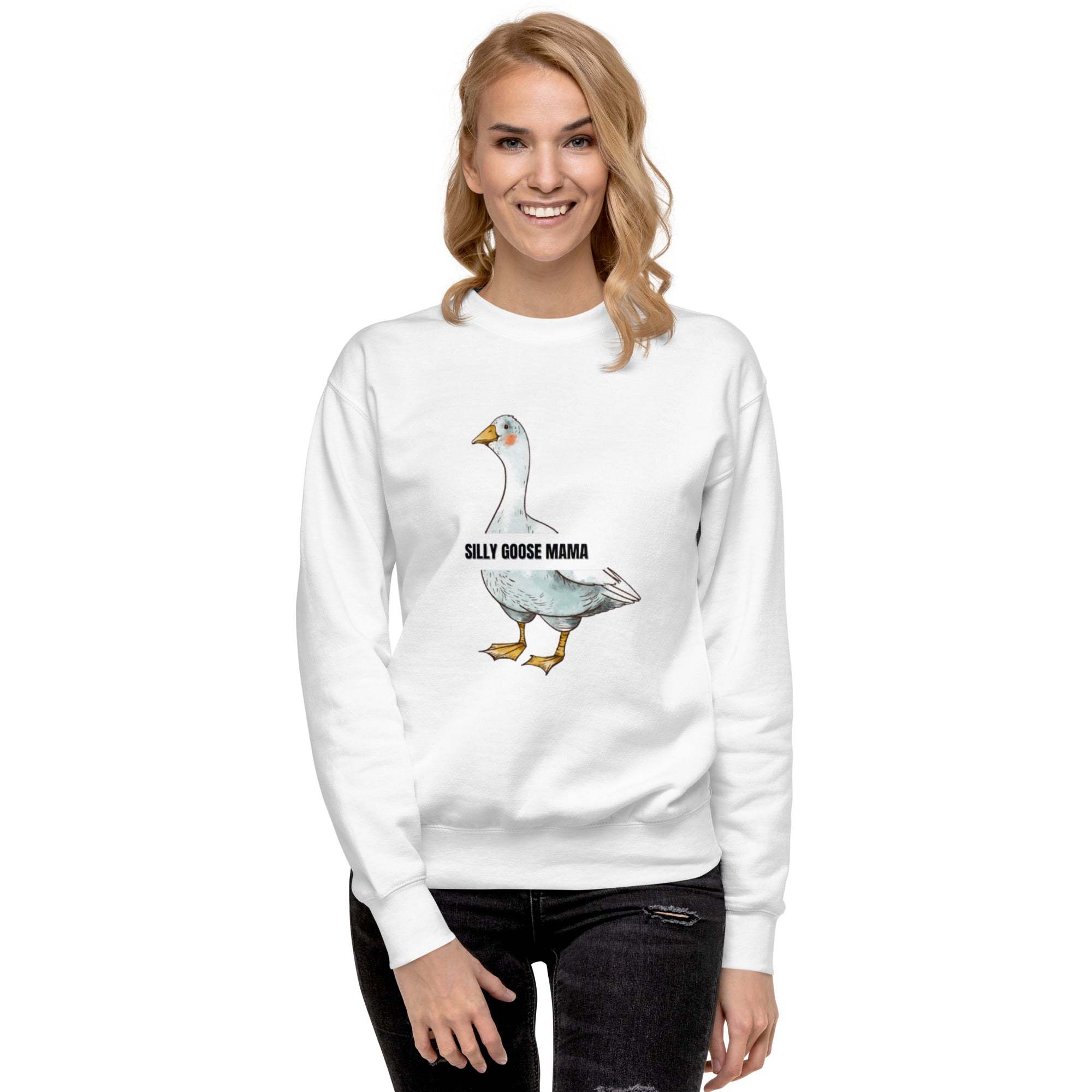 Woman wearing white Silly Goose Mama Sweatshirt with goose illustration and text design