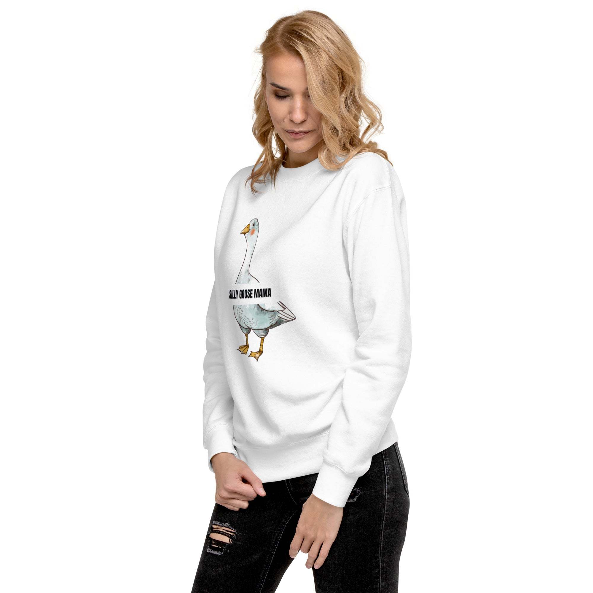 Woman wearing white Silly Goose Mama sweatshirt with goose illustration and text