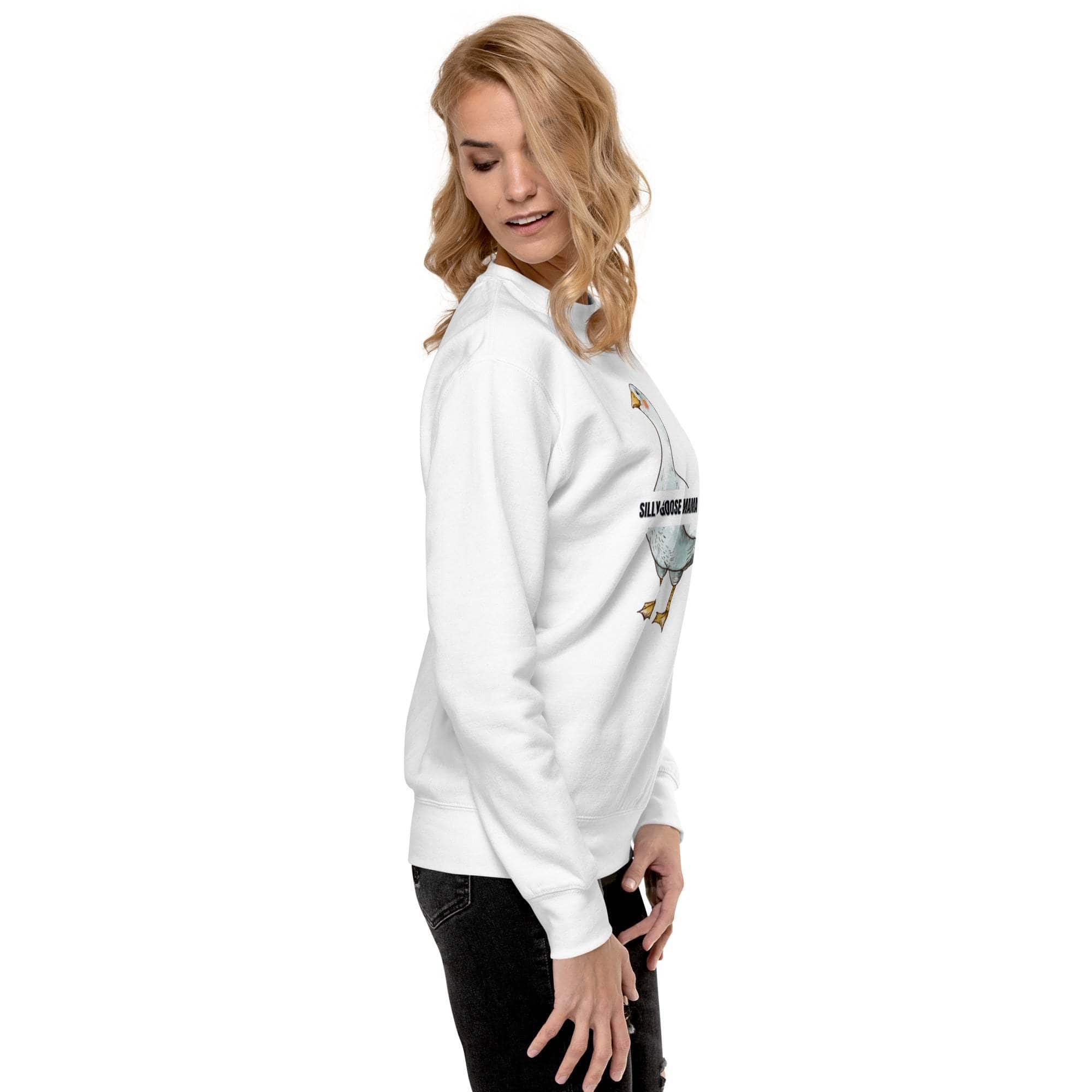 Woman wearing white Silly Goose Mama sweatshirt with goose illustration side view