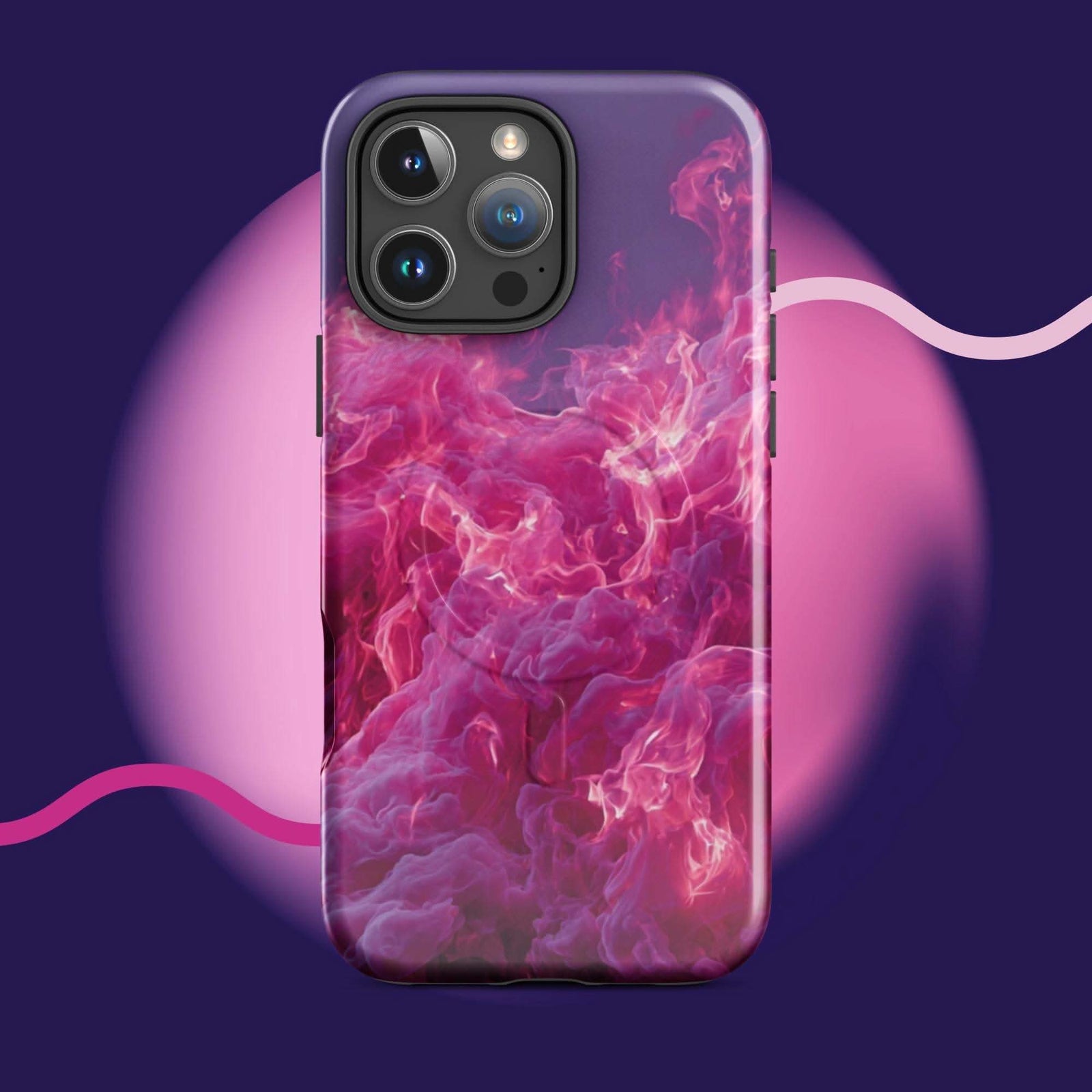 Pink fiery cloud iPhone tough case with MagSafe and military-grade protection