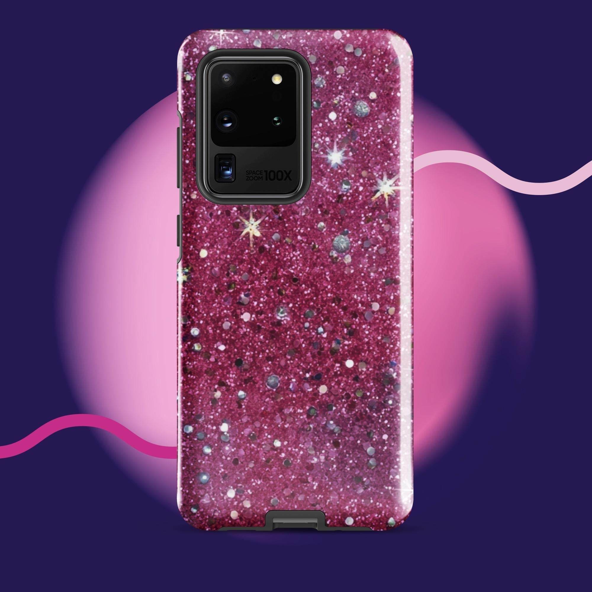 Pink sparkly tough protective phone case for Samsung Galaxy with impact-resistant dual-layer design