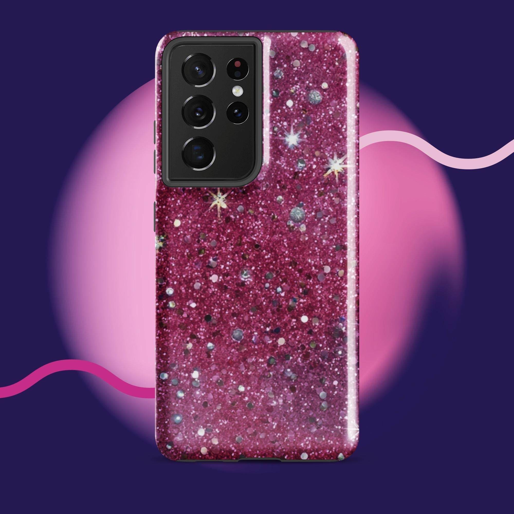 Pink sparkly tough protective phone case for Samsung Galaxy with impact-resistant dual-layer design