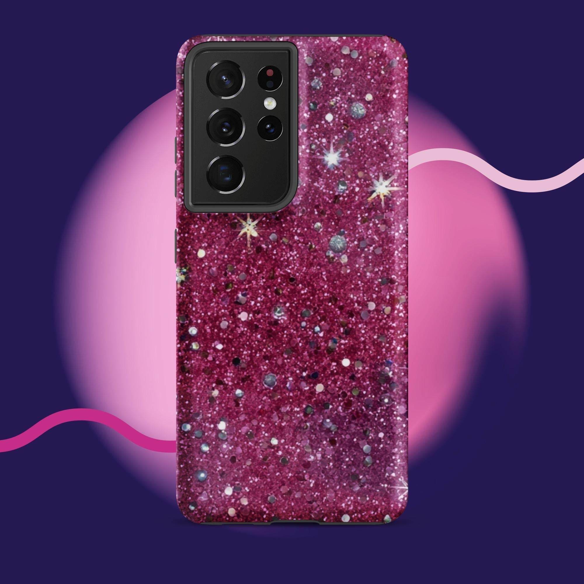 Pink sparkly tough protective phone case for Samsung Galaxy with impact-resistant dual-layer design