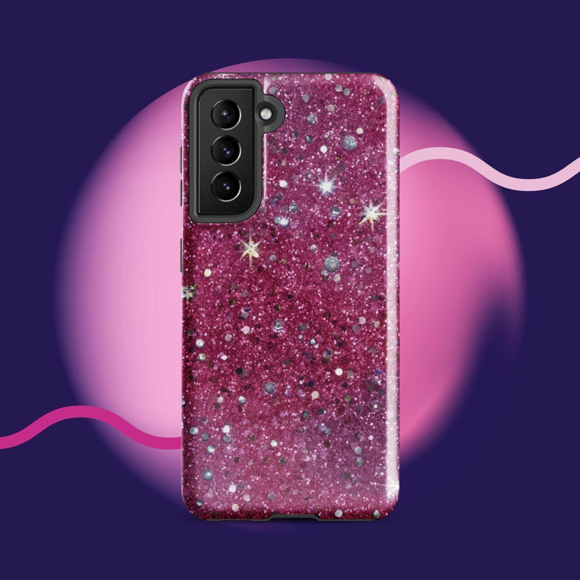 Pink sparkly tough protective phone case for Samsung Galaxy with impact-resistant dual-layer design