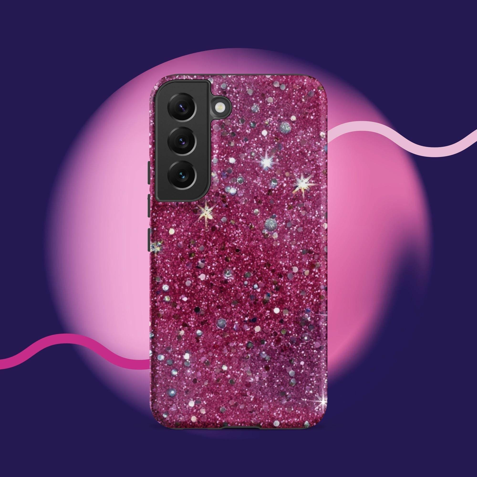 Pink sparkly tough protective phone case for Samsung Galaxy with impact-resistant dual-layer design