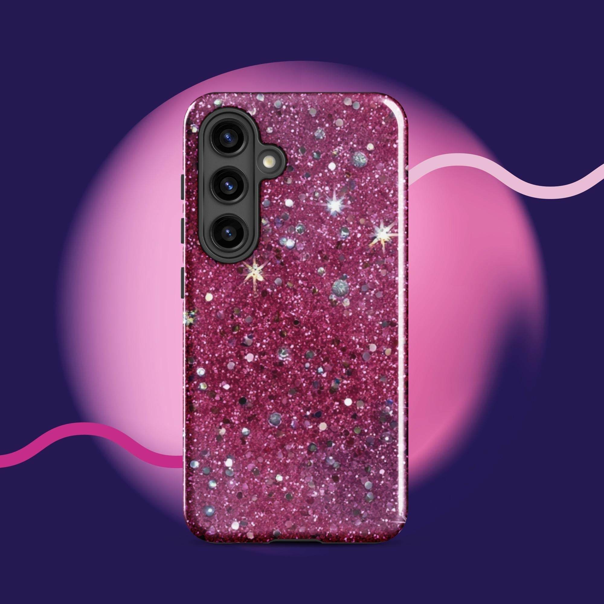 Pink sparkly tough protective phone case for Samsung Galaxy with impact-resistant dual-layer design