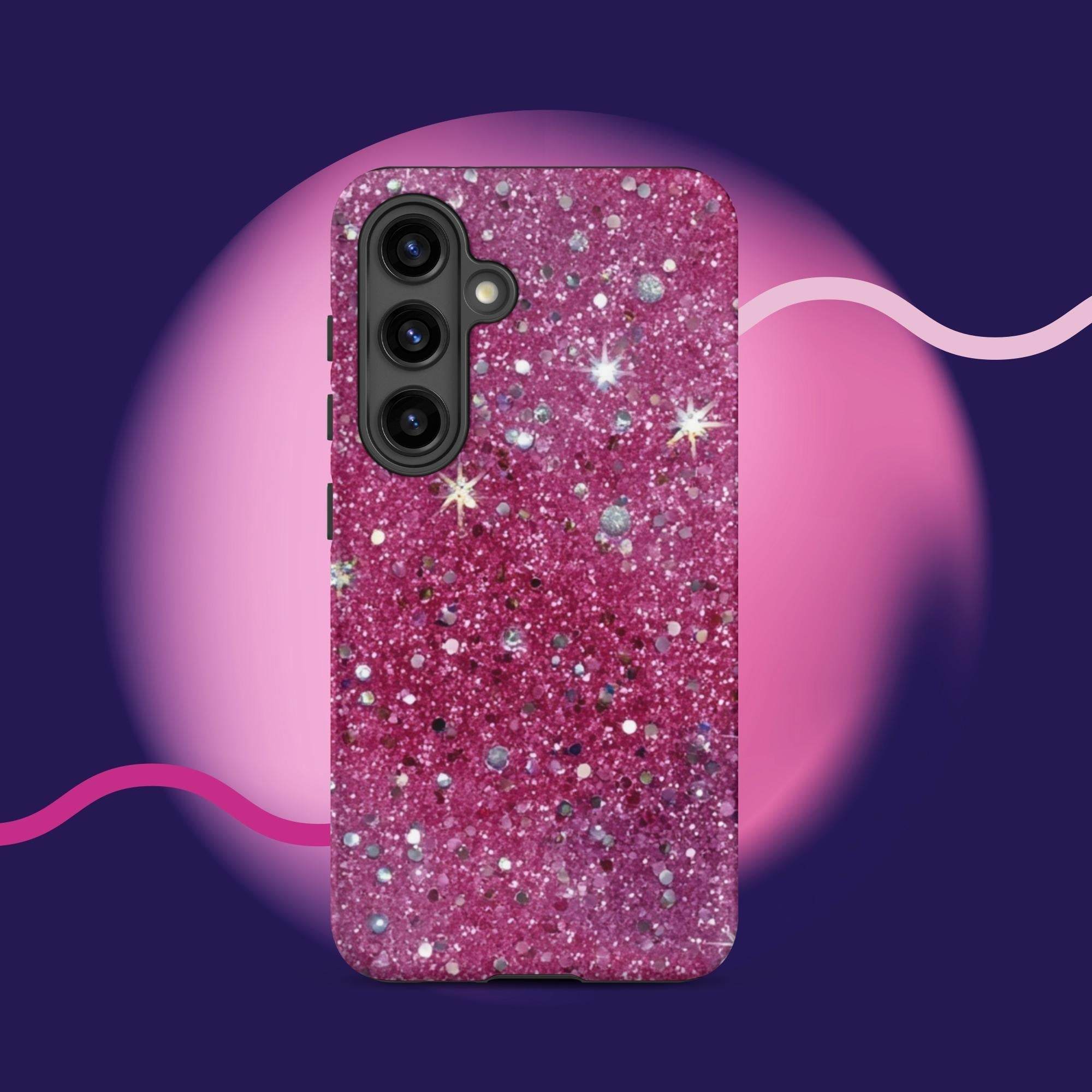 Pink sparkly tough protective phone case for Samsung Galaxy with impact-resistant dual-layer design