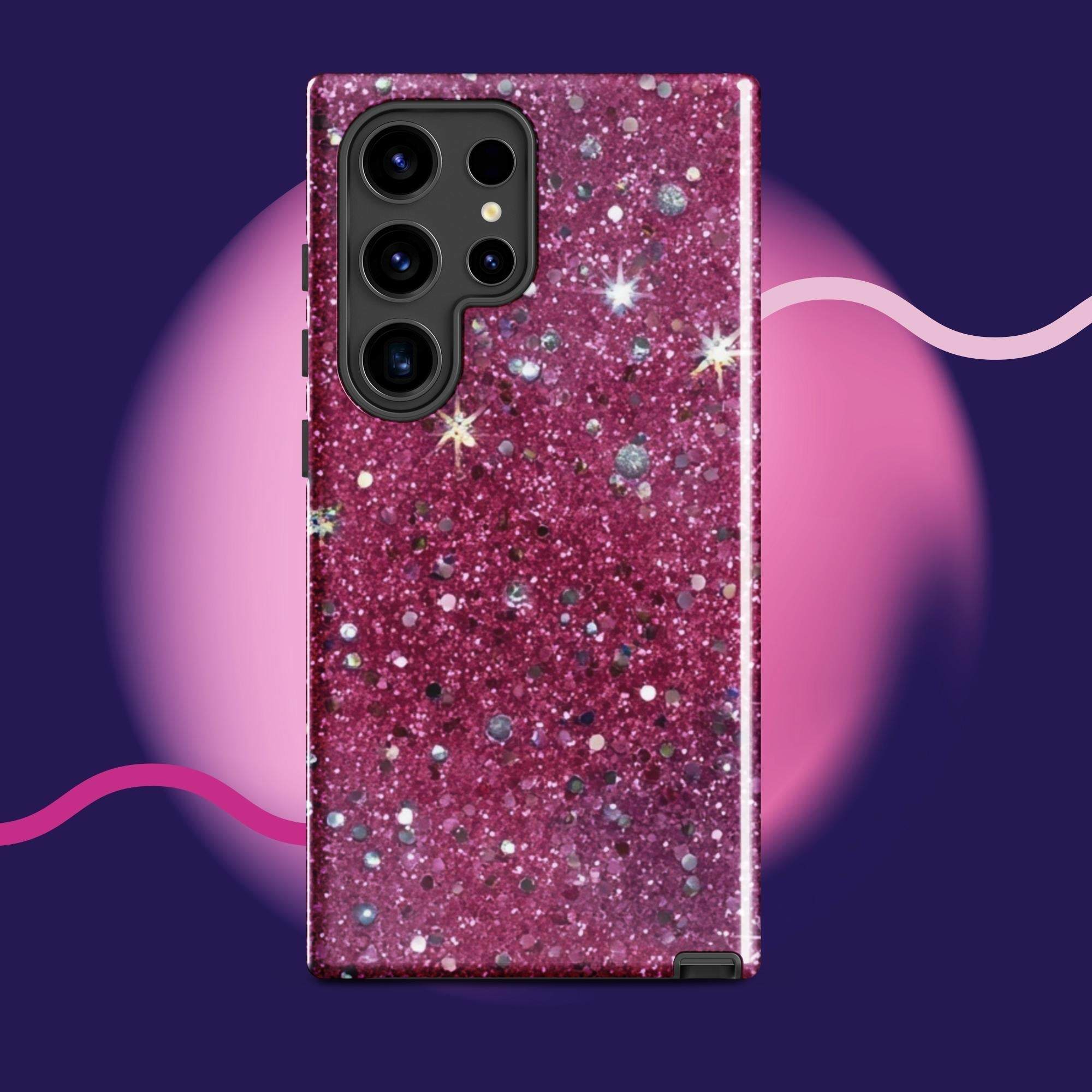 Pink sparkly tough protective phone case for Samsung Galaxy with impact-resistant dual-layer design