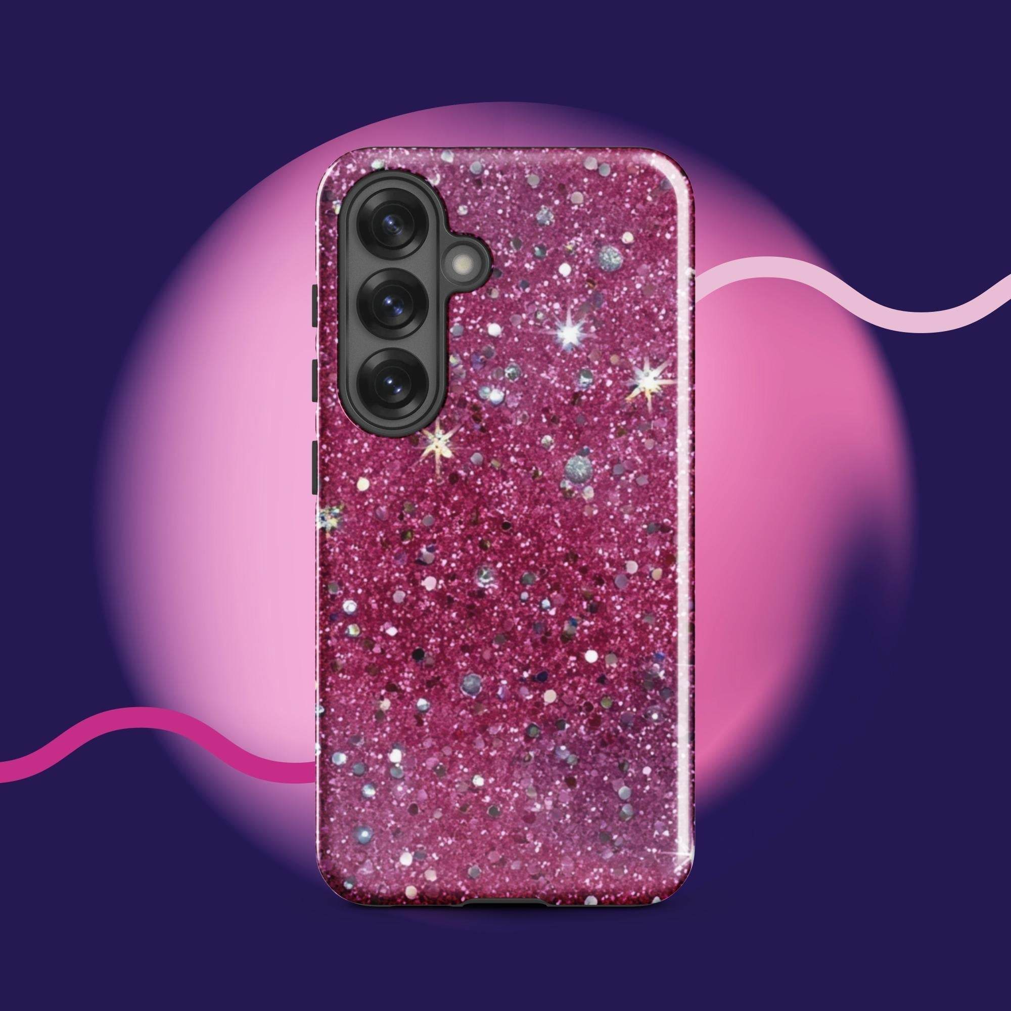 Pink sparkly tough protective phone case for Samsung Galaxy with impact-resistant dual-layer design