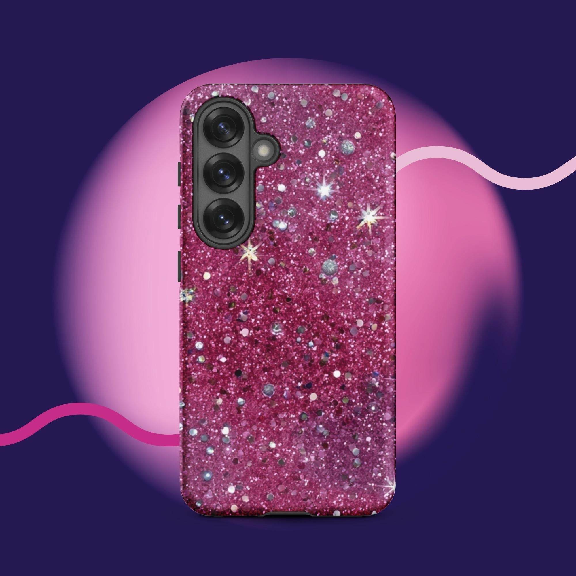 Pink sparkly tough protective phone case for Samsung Galaxy with impact-resistant dual-layer design