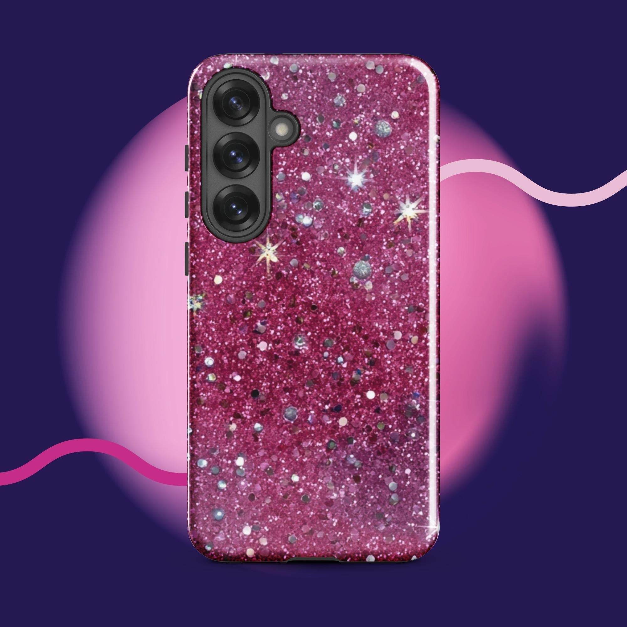 Pink sparkly tough protective phone case for Samsung Galaxy with impact-resistant dual-layer design