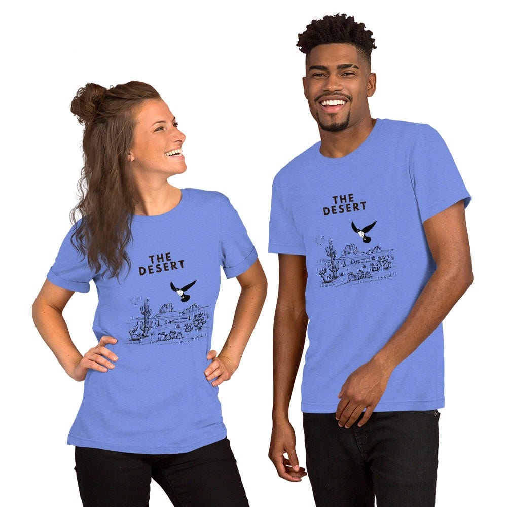 Blue Desert Landscape T-shirt with minimalist cactus and eagle design worn by smiling man and woman