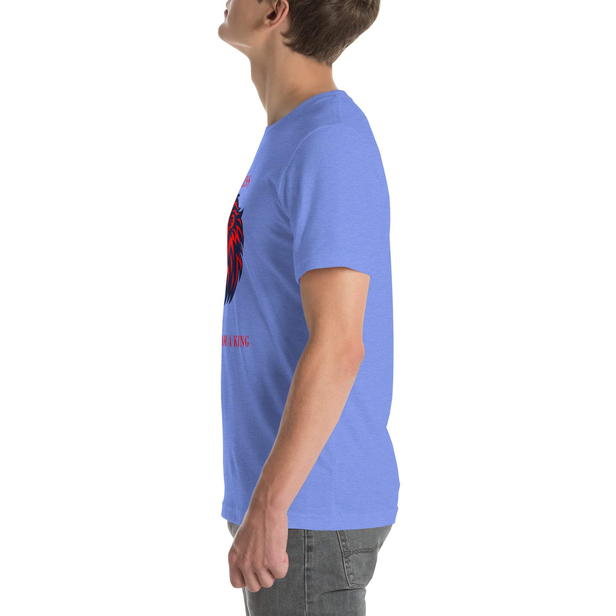 Side view of a man wearing a blue Fearless Lion T-Shirt with a red and black lion head design and motivational text.