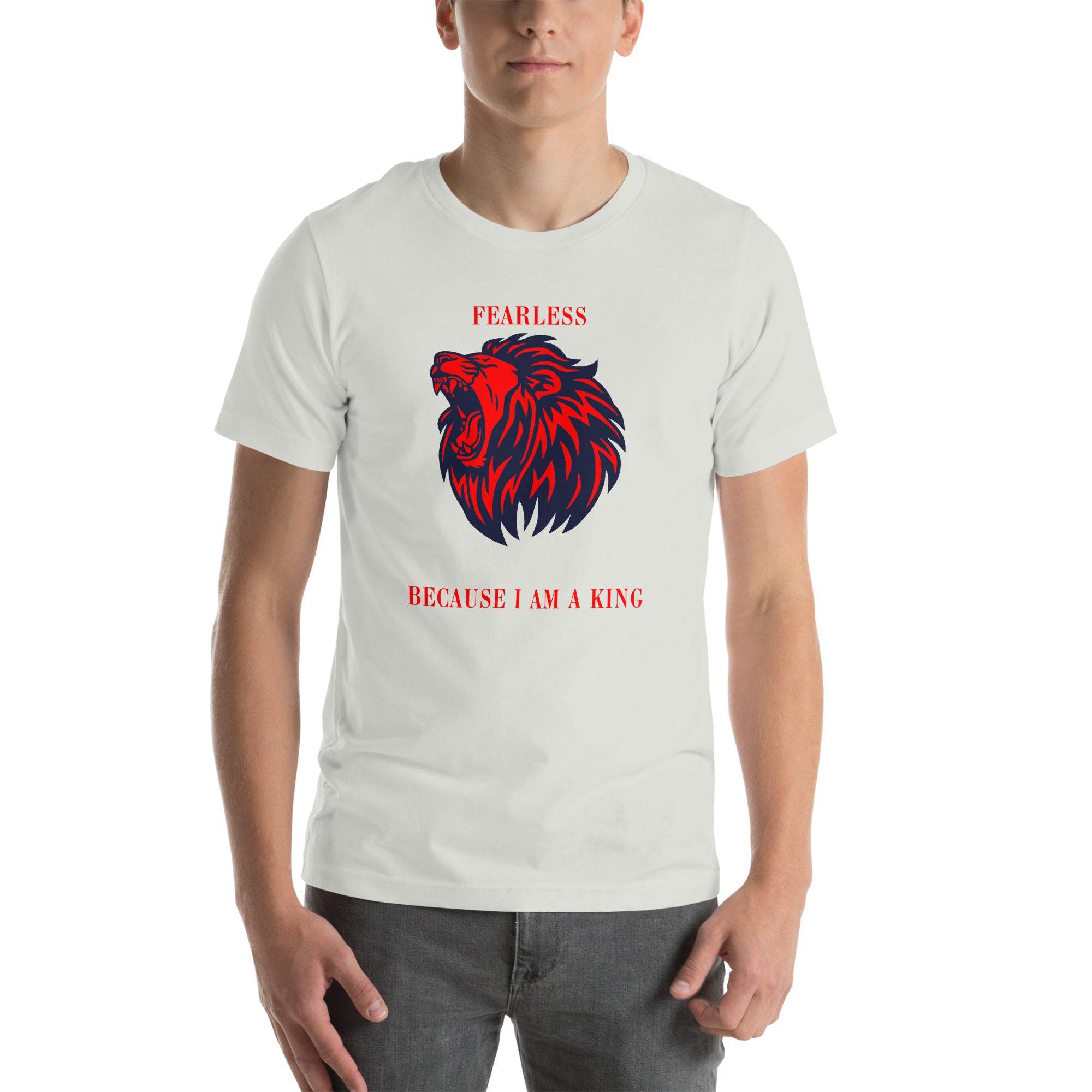 Men's Fearless Lion T-Shirt with red and black roaring lion head and "Fearless Because I Am a King" text, lightweight and breathable fabric.