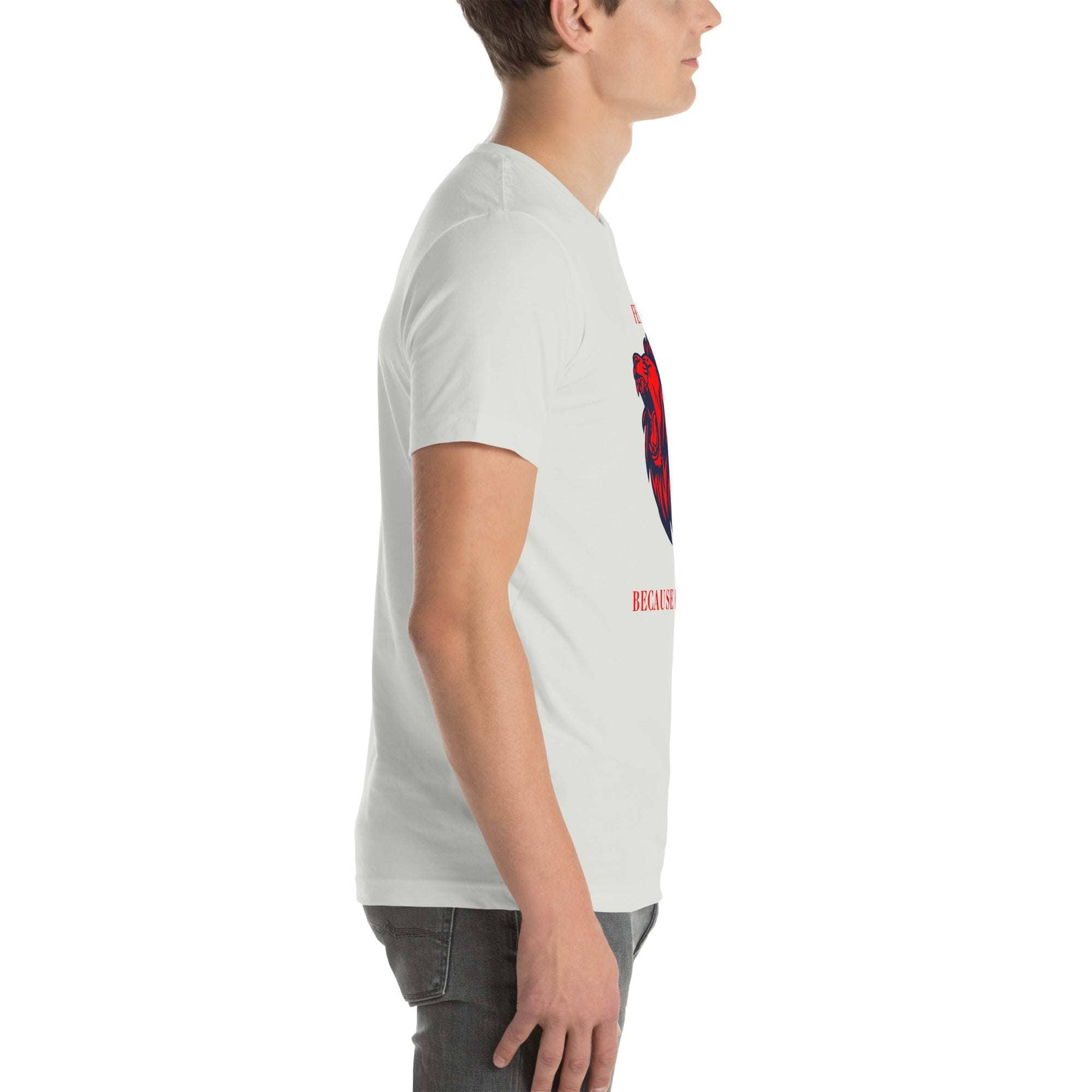Side view of man wearing white Fearless Lion T-Shirt with red and black lion head design and motivational text