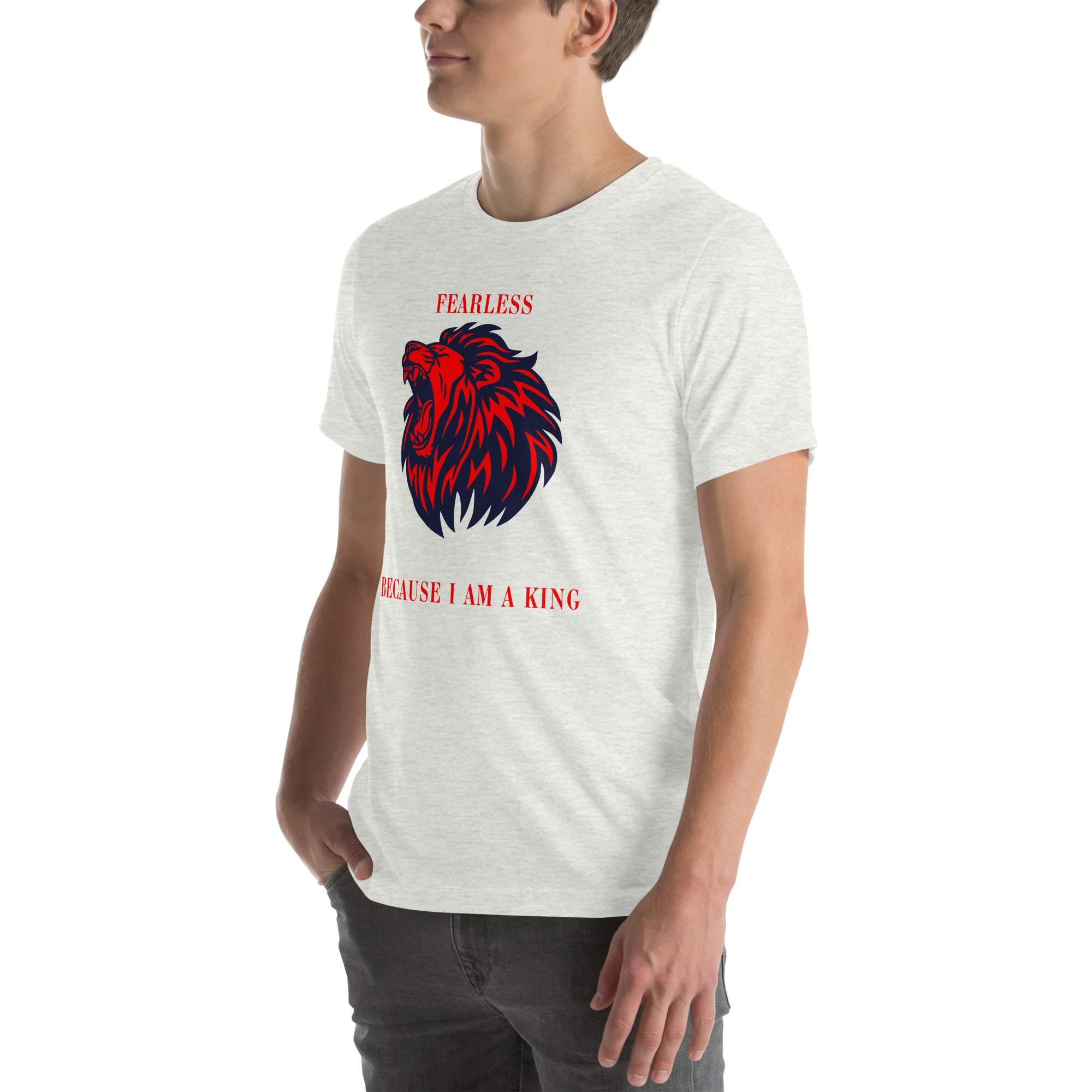 Man wearing white Fearless Lion T-Shirt with red and black lion head design and motivational text.