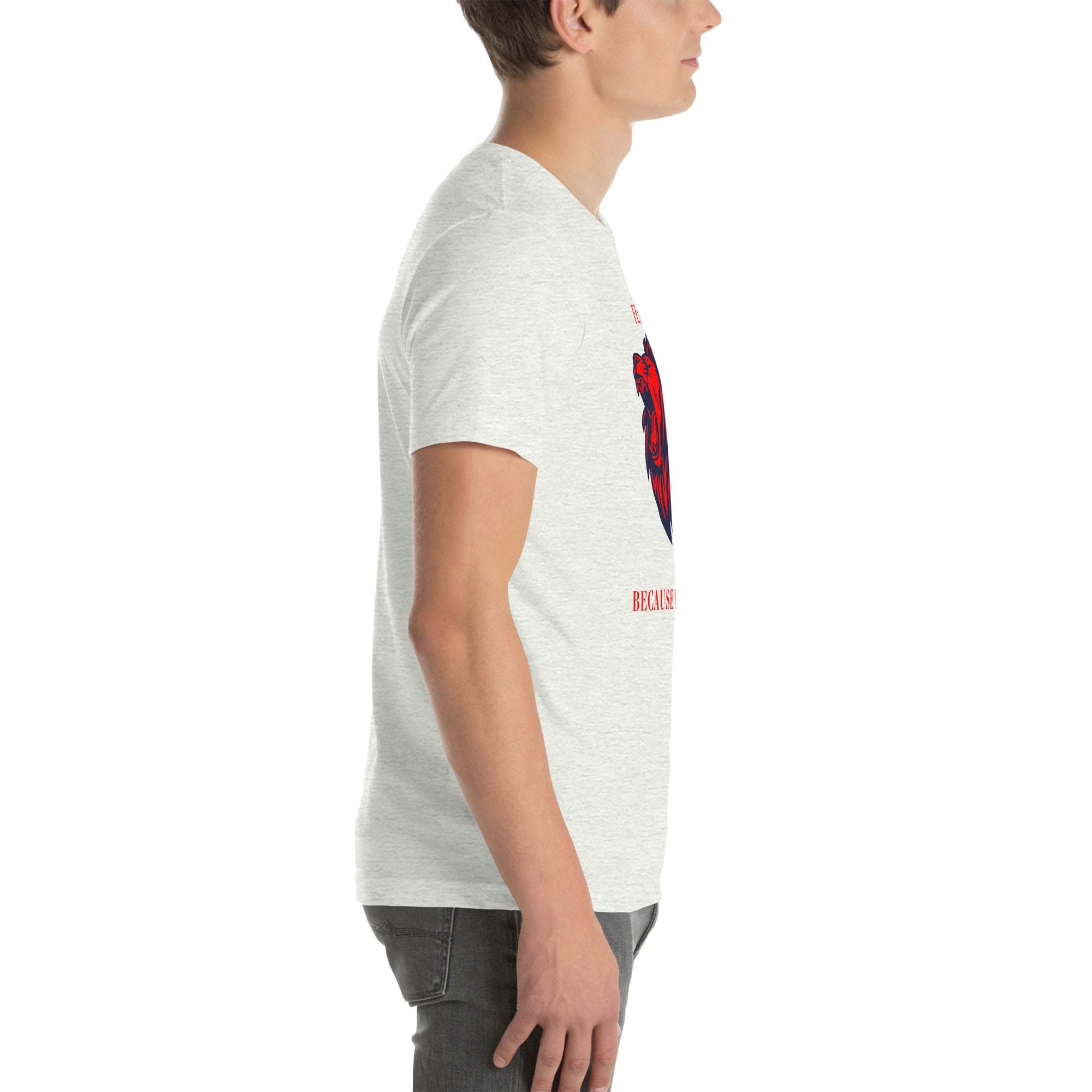 Side view of a man wearing a white Fearless Lion T-Shirt with red and black lion head design and motivational text