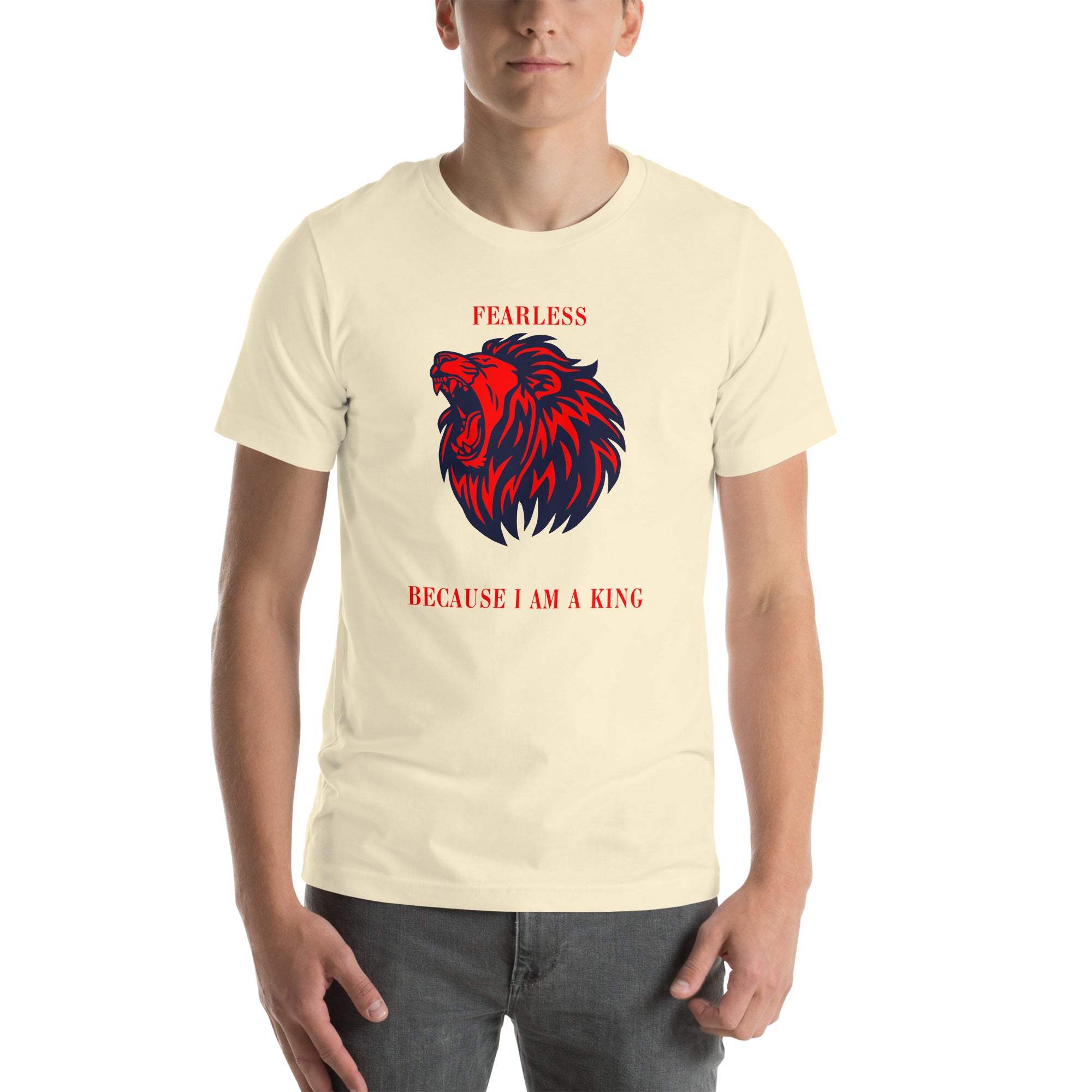 Men's Fearless Lion T-Shirt with bold red and black lion head design and "Fearless Because I Am a King" text on lightweight cream fabric.