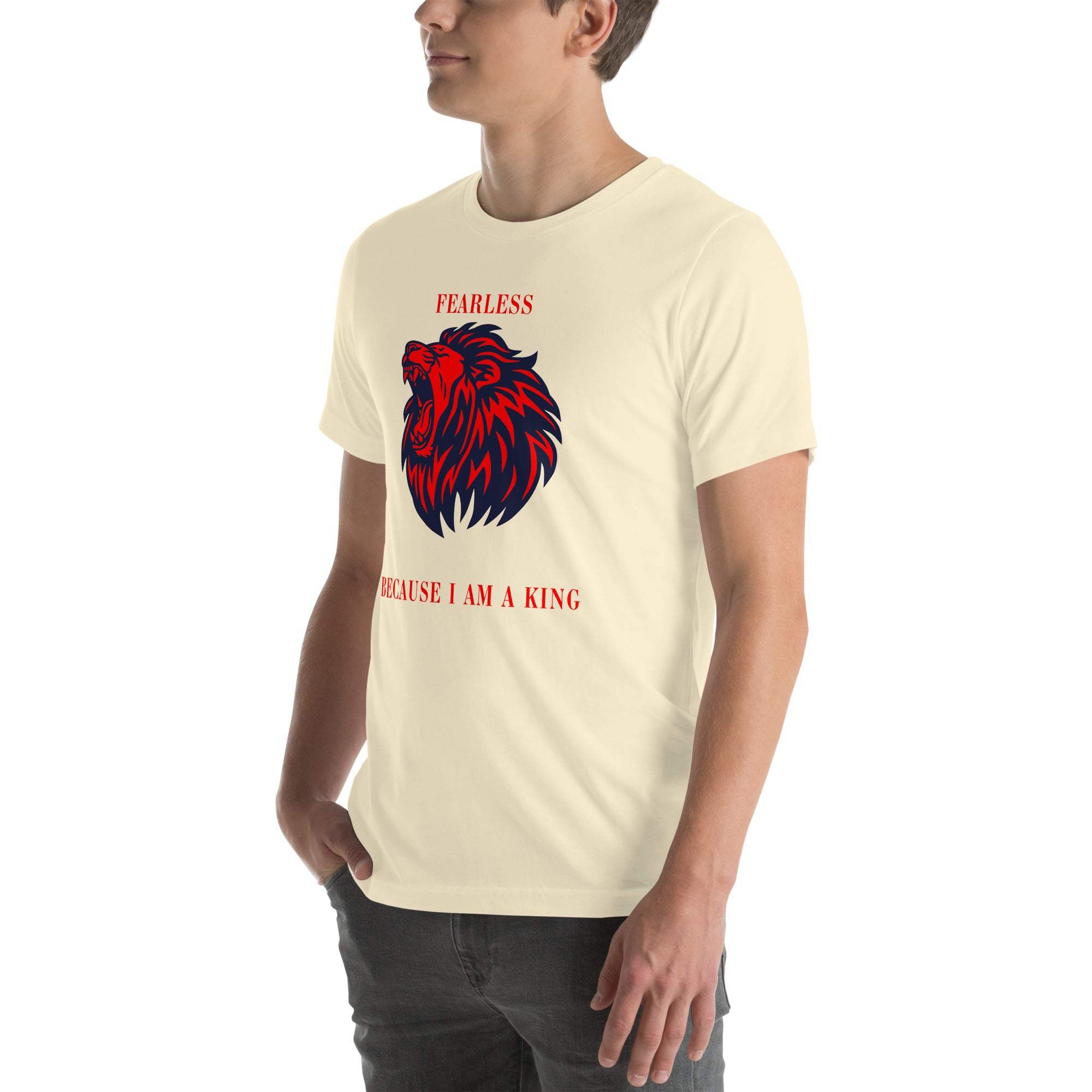 Men's Fearless Lion T-Shirt with red and black lion head design and "Fearless Because I Am a King" text.