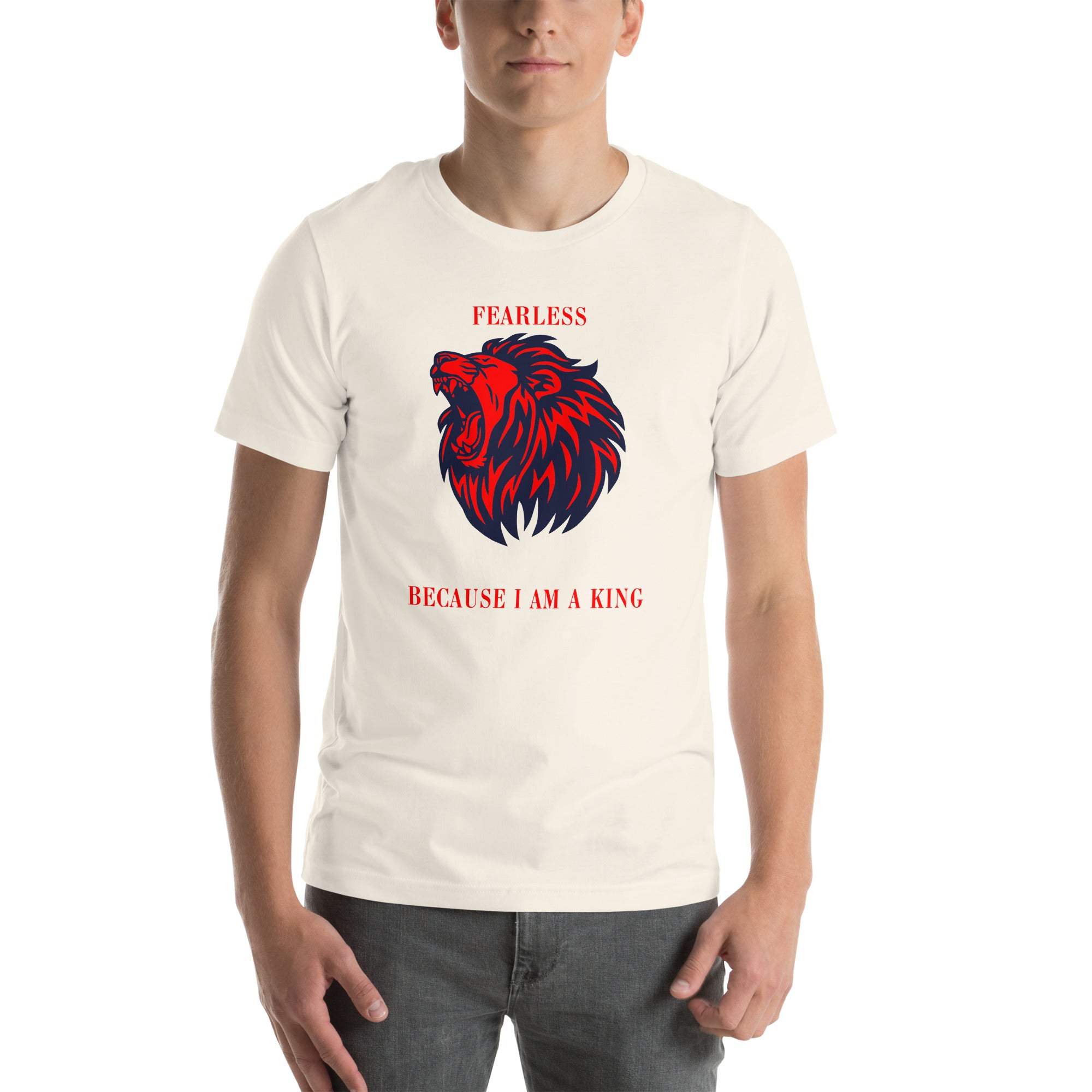 Men wearing white fearless lion t-shirt with red and black lion head design and "Fearless Because I Am A King" text