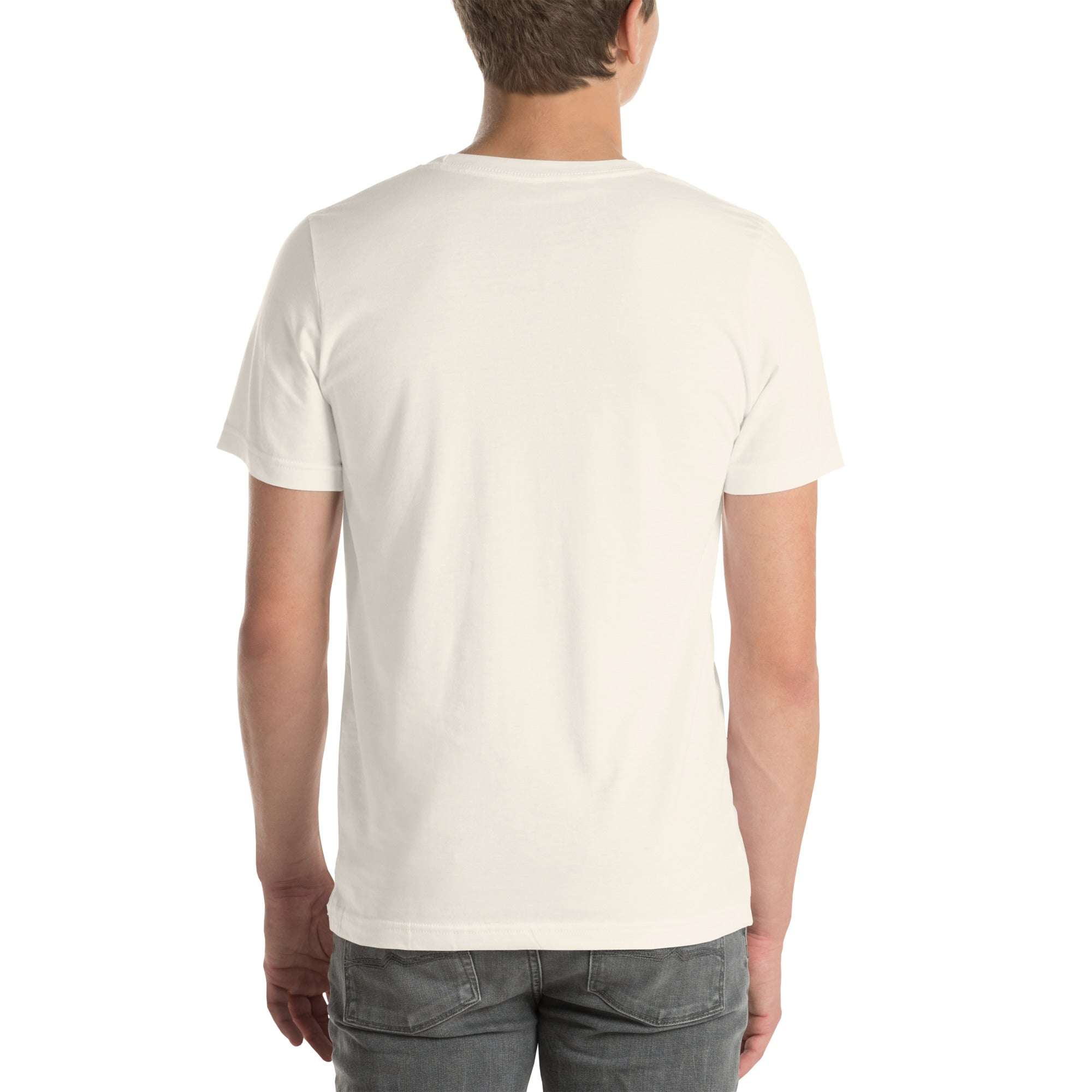 Back view of a man wearing a plain white t-shirt and jeans, showcasing the simple fit and soft fabric of the Fearless Lion T-Shirt.