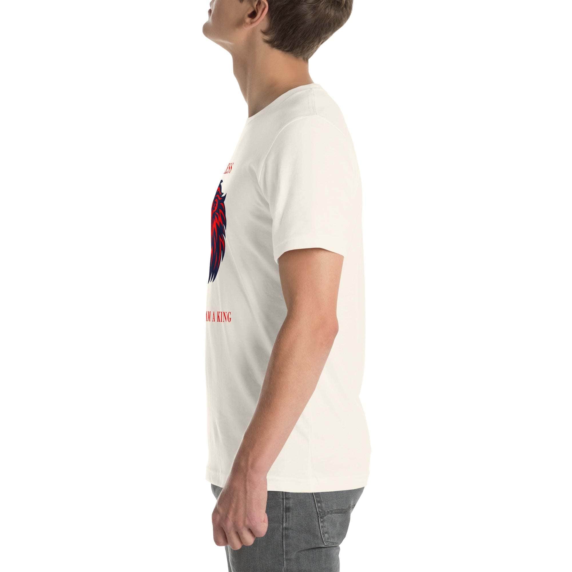Side view of a man wearing a white Fearless Lion T-Shirt with a red and black lion head design and motivational text.