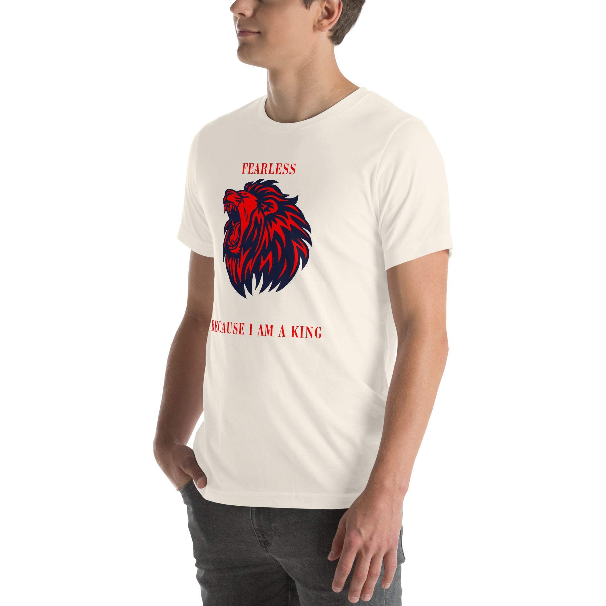 Man wearing white Fearless Lion T-Shirt with red and black lion head graphic and motivational text.