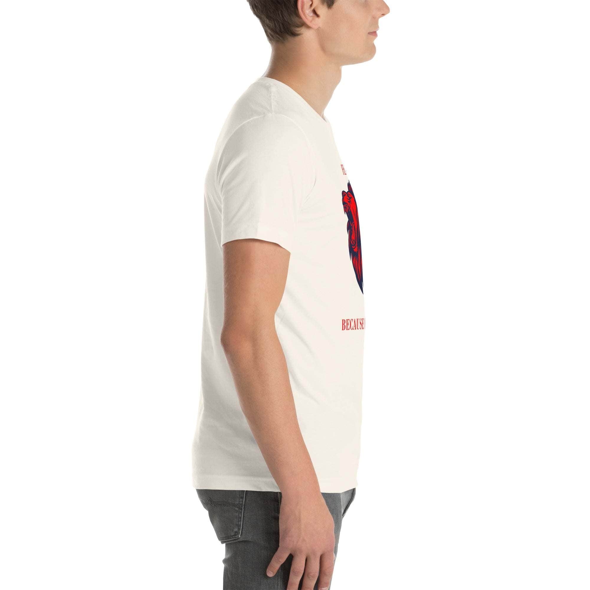 Side view of man wearing white fearless lion t-shirt with red and black lion head design and motivational text