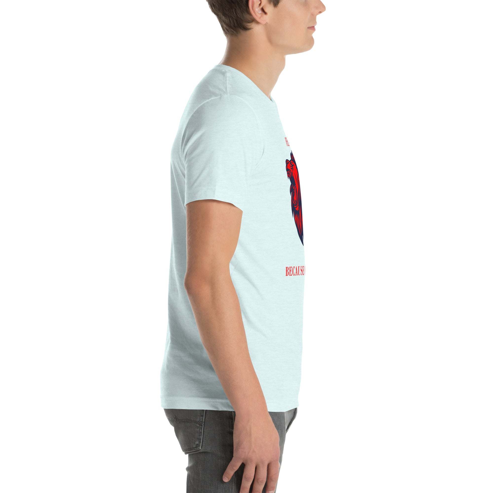 Side view of man wearing light-colored Fearless Lion T-Shirt with red and black lion head design and motivational text