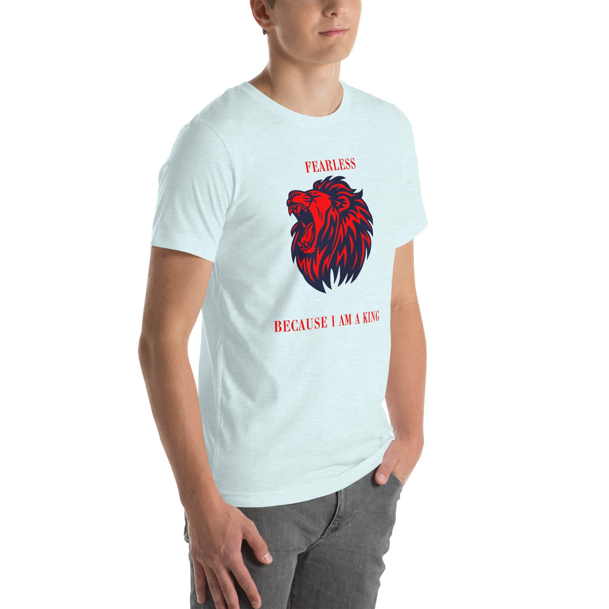Man wearing Fearless Lion T-Shirt with red and black roaring lion design and "Fearless Because I Am a King" text on white fabric