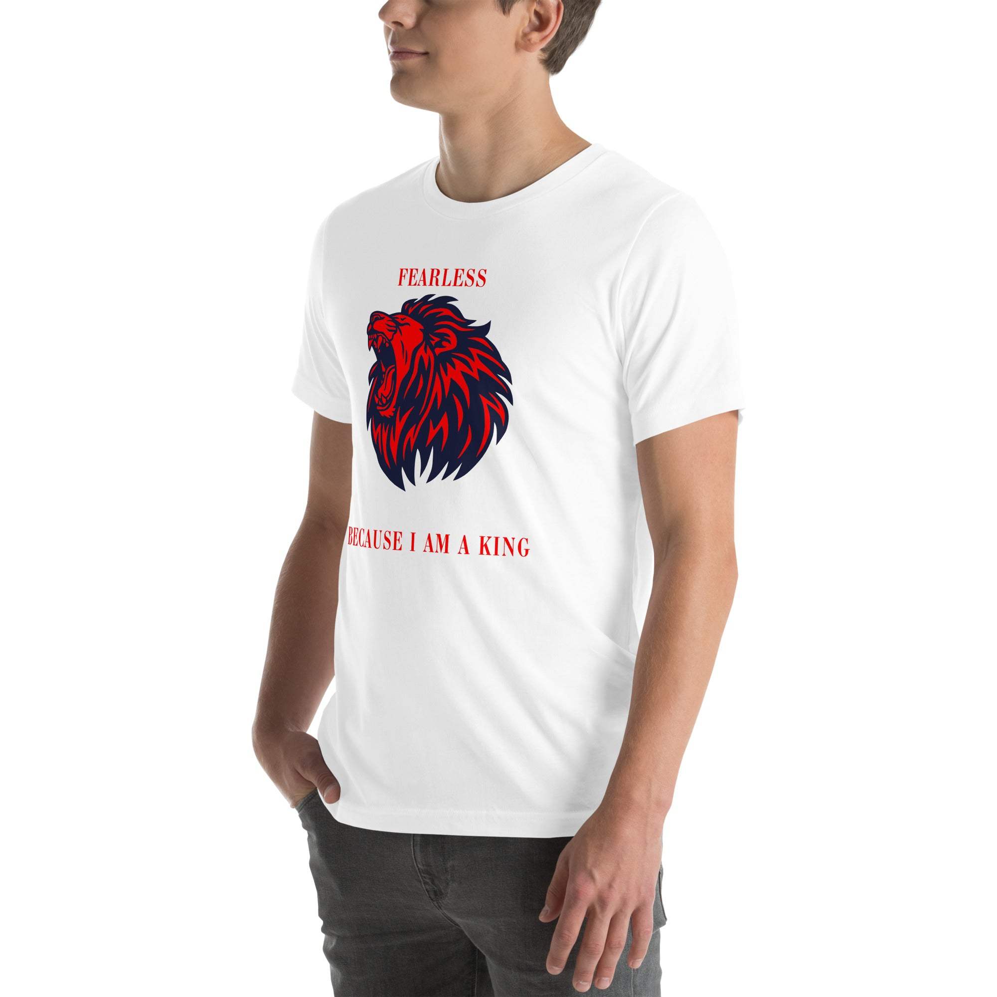 Man wearing white Fearless Lion T-Shirt with red and black lion head design and motivational text.
